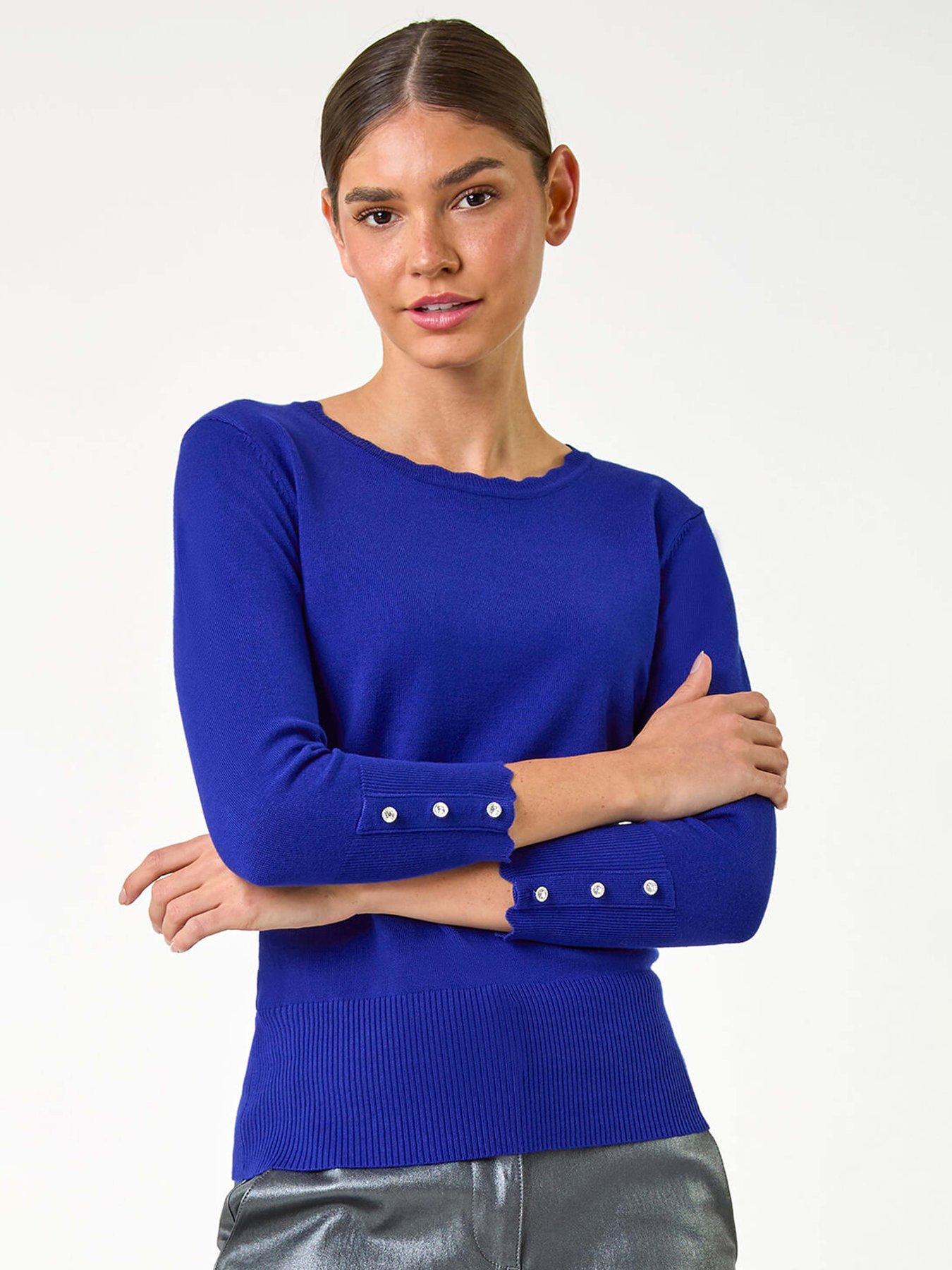 undefined Diamante Button Scallop Edge Jumper - Royal Blue