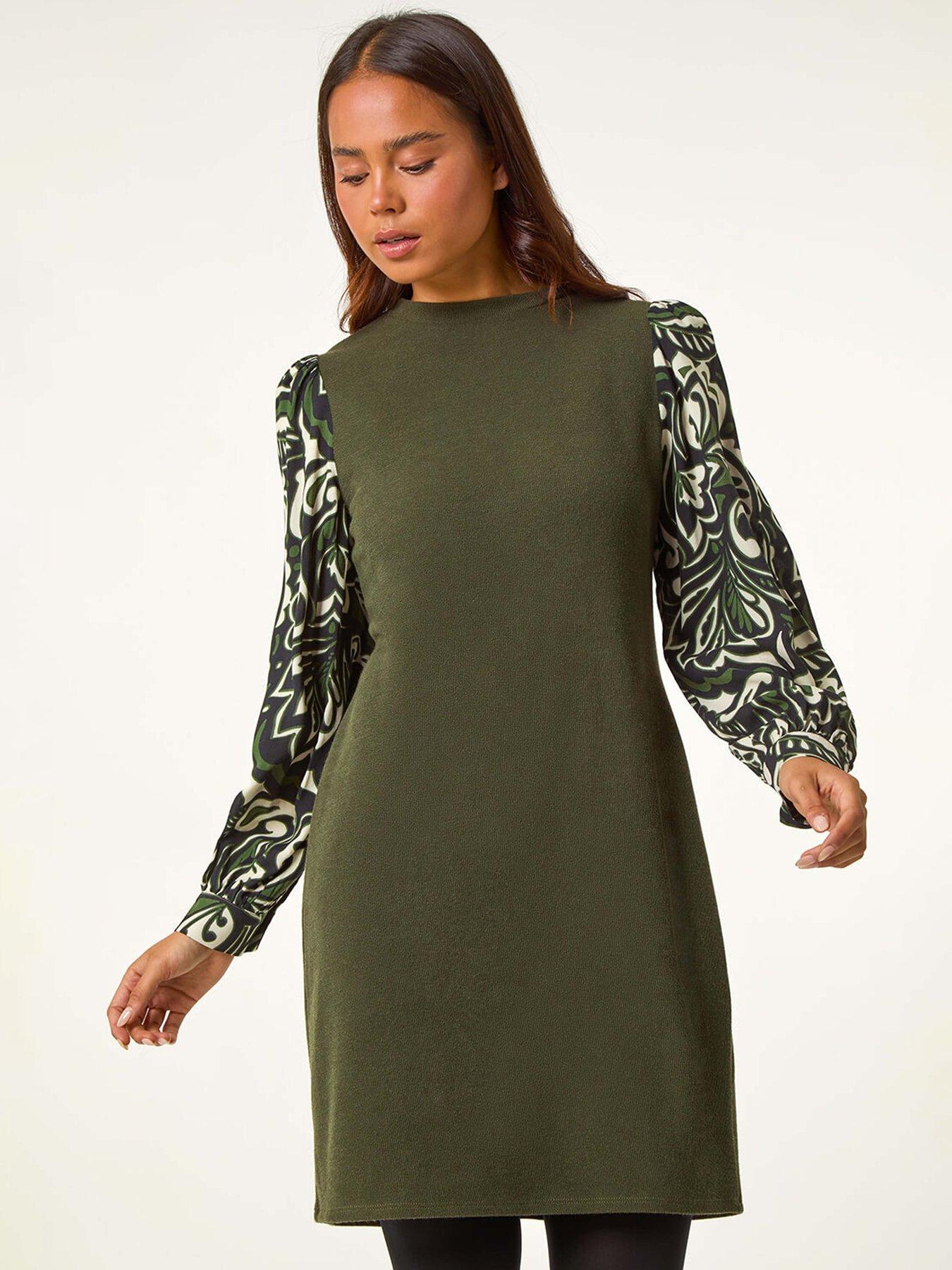 Roman Petite 2 In 1 Contrast Print Shift Dress - Khaki