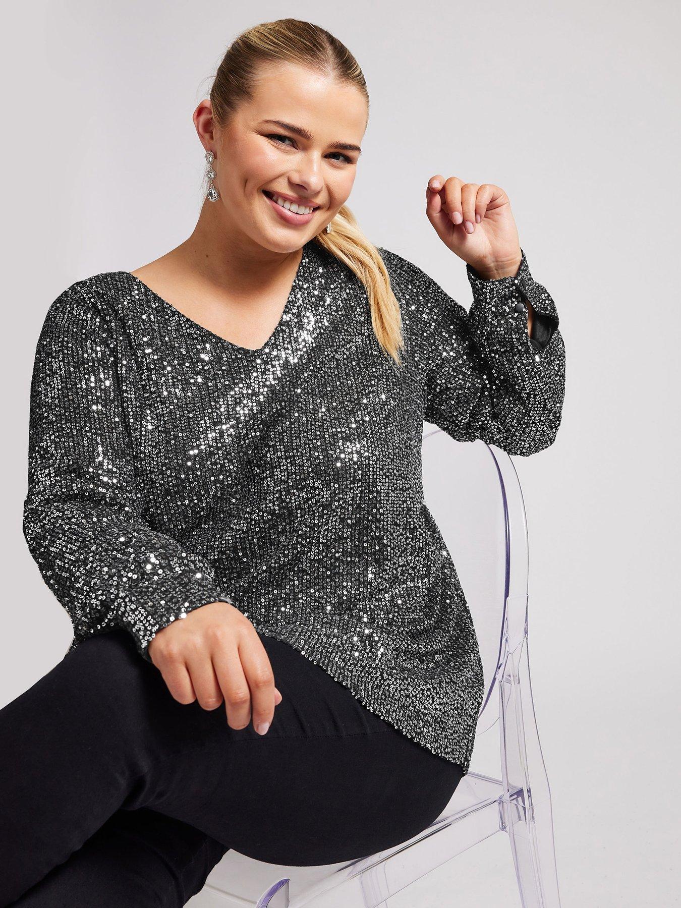 Yours Curve Sequin V Neck Long Sleeve Top Silver Very