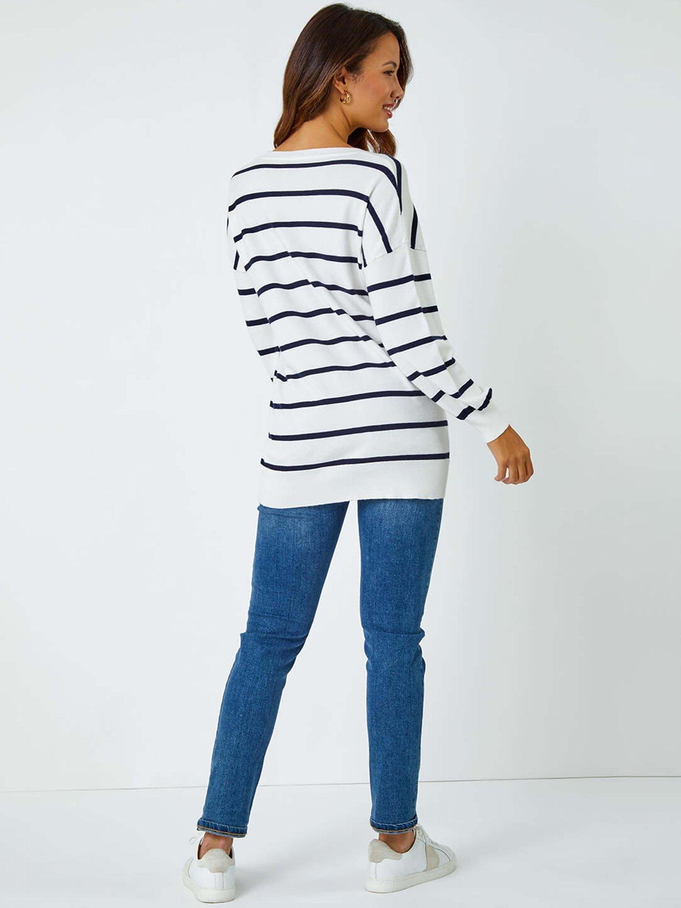 Image 2 of 5 of Roman Stripe Print Knitted V-neck Longline Jumper - Ivory