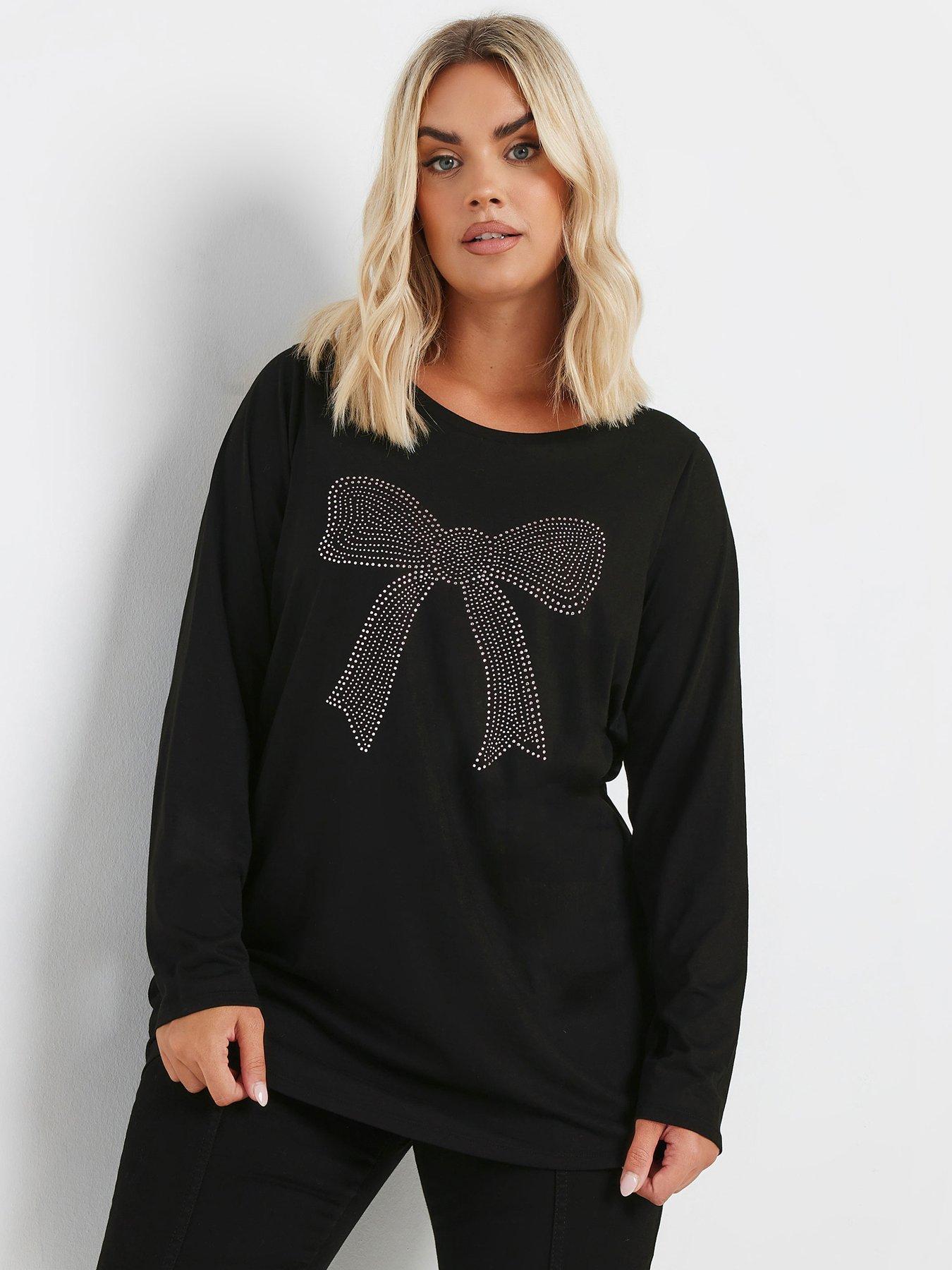 Yours Curve Diamante Bow Long Sleeve Top - Black