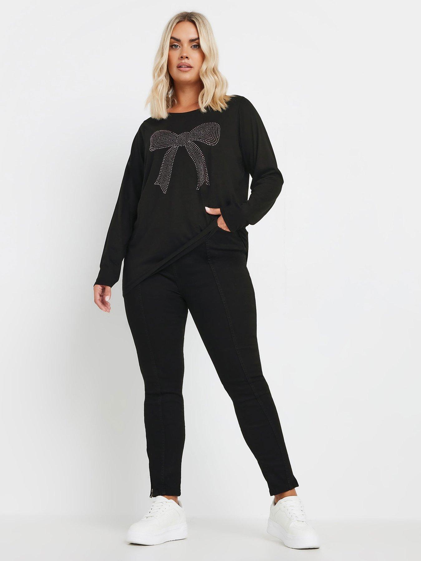 Image 3 of 4 of Yours Curve Diamante Bow Long Sleeve Top - Black