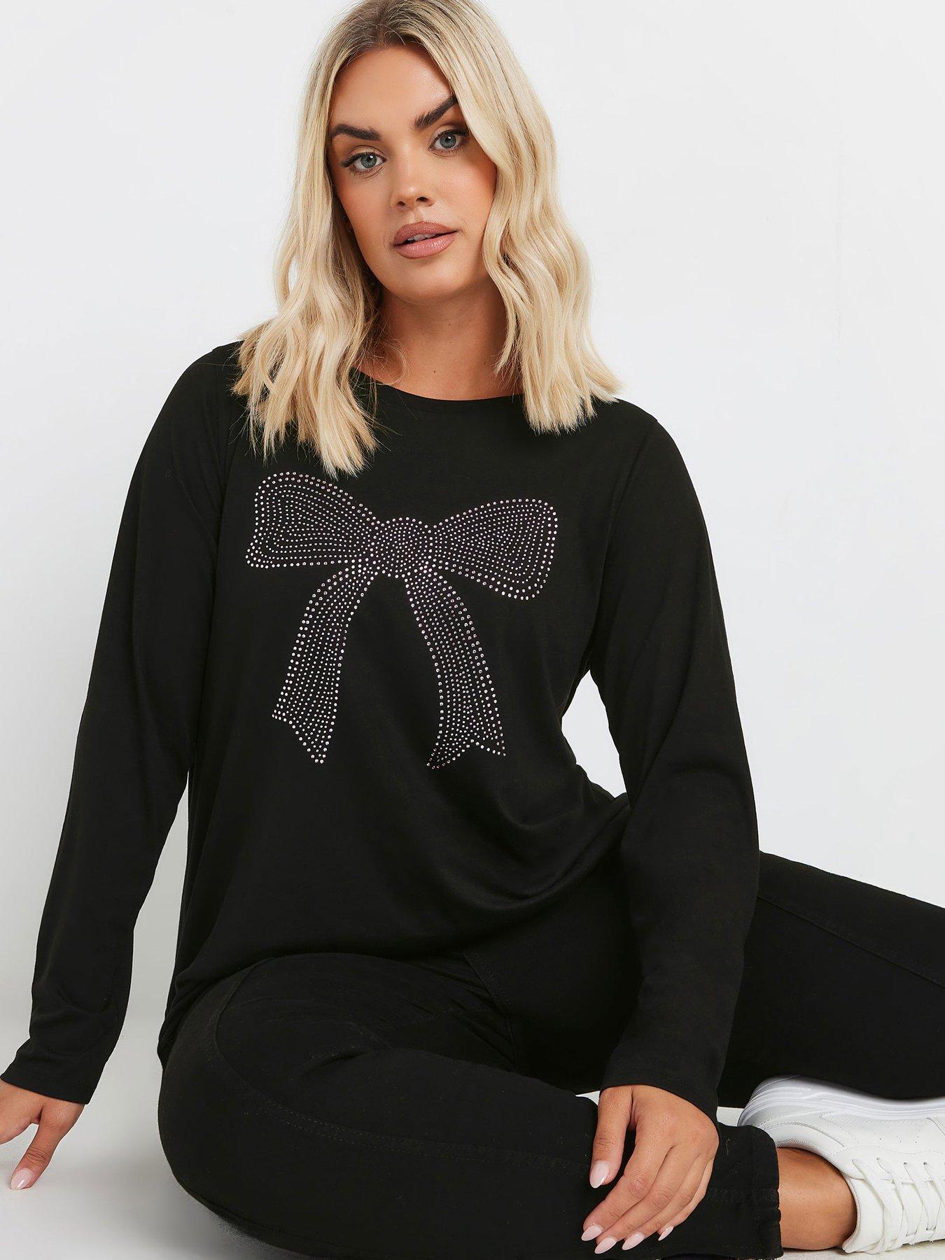 Image 4 of 4 of Yours Curve Diamante Bow Long Sleeve Top - Black
