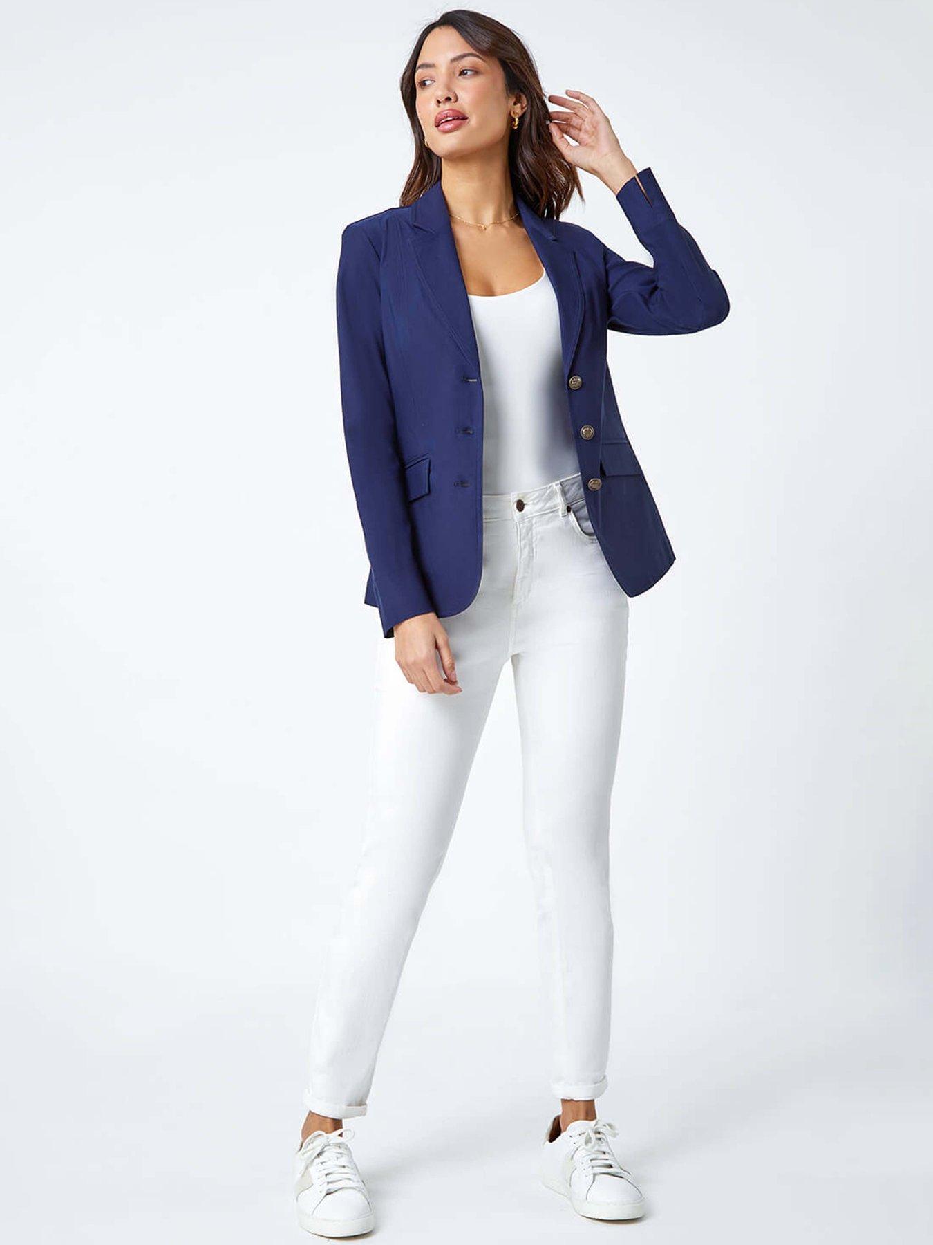 Image 3 of 5 of Roman Button Detail Stretch Blazer - Navy