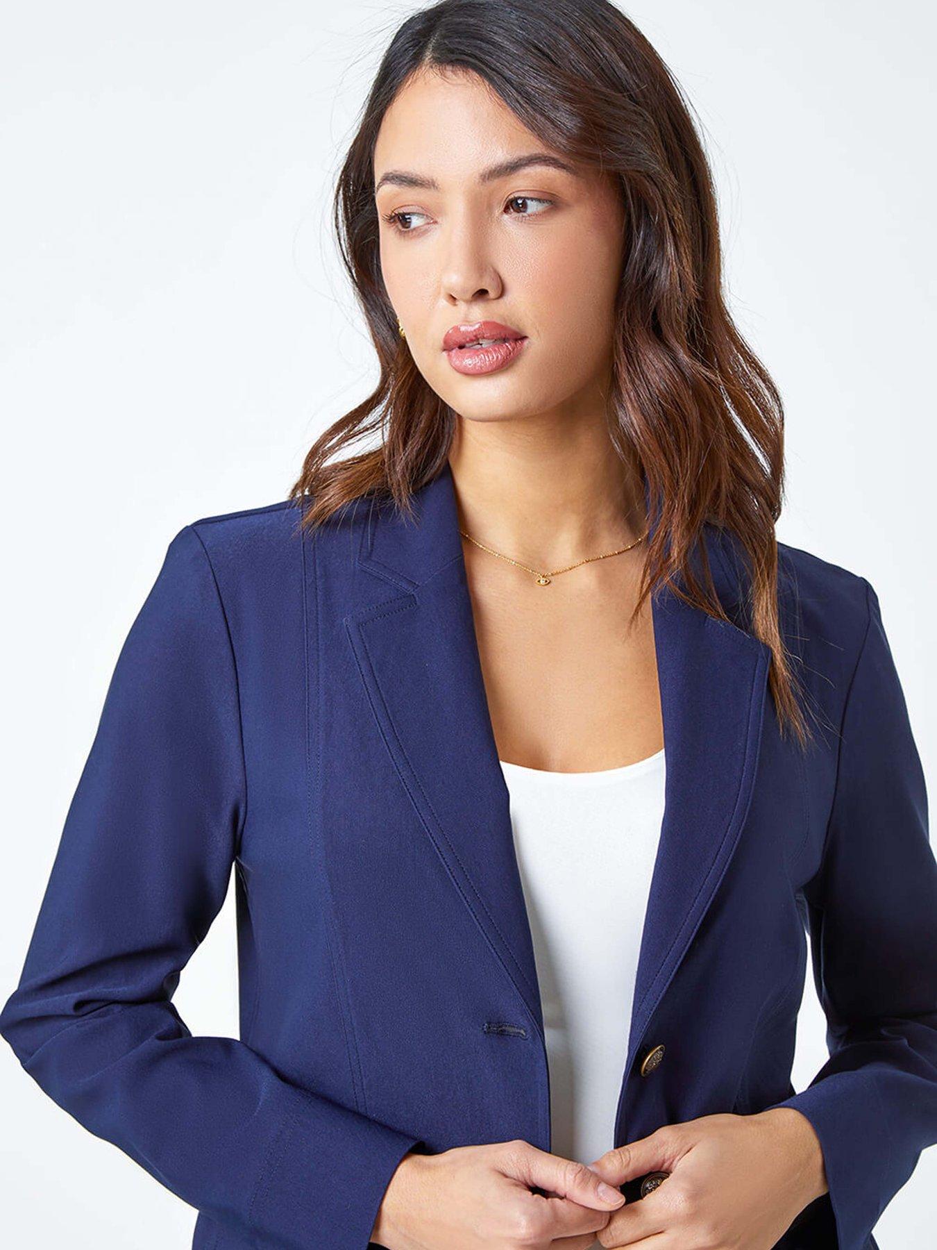 Image 4 of 5 of Roman Button Detail Stretch Blazer - Navy