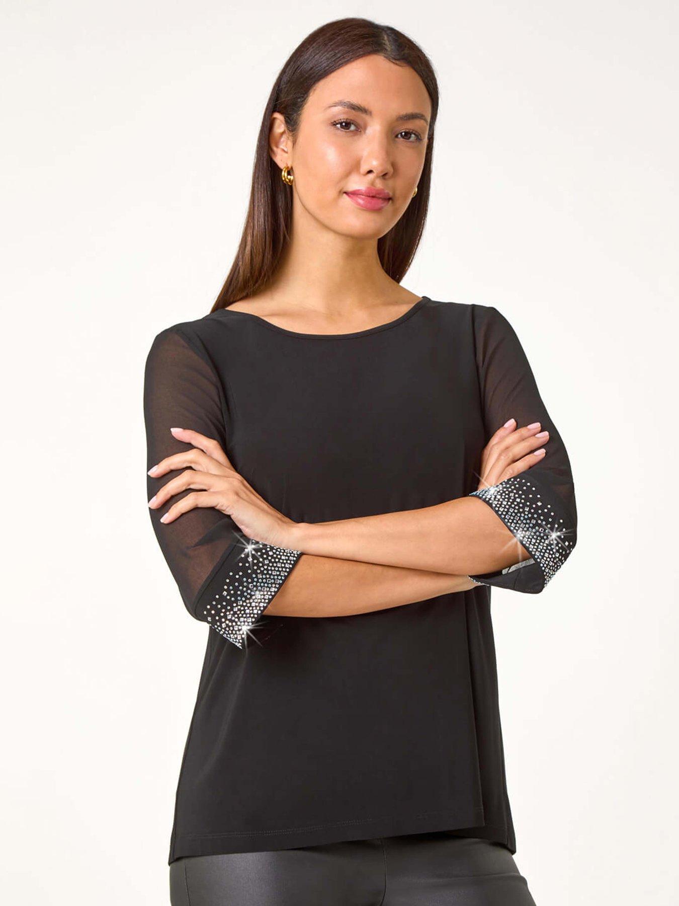 Roman Sparkle Embellished Cuff Chiffon Top - Black