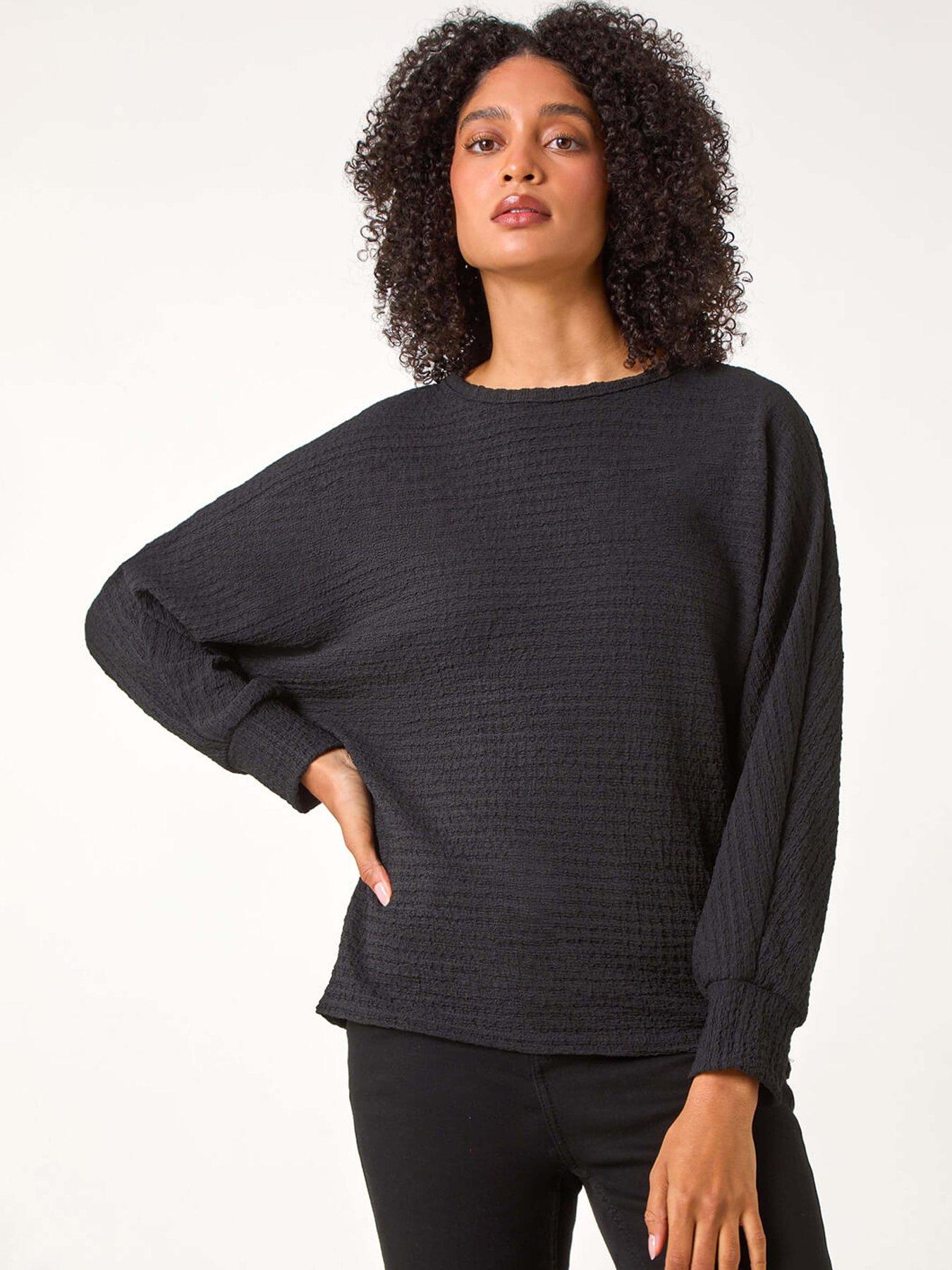 Image 1 of 5 of Roman Plain Long Sleeve Textured Jersey Top - Black