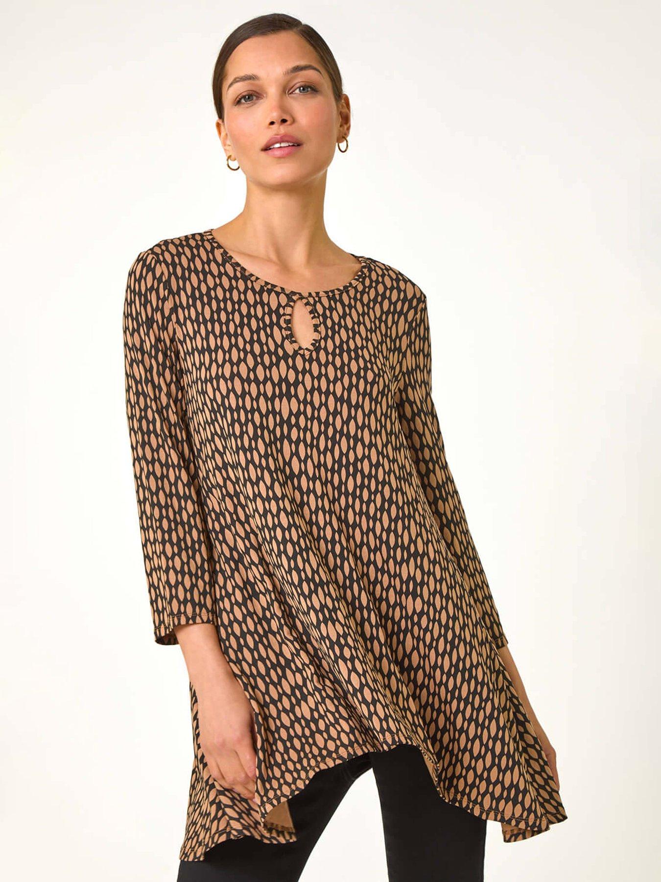 Roman Abstract Linear Print Cutout Tunic Top - Tan