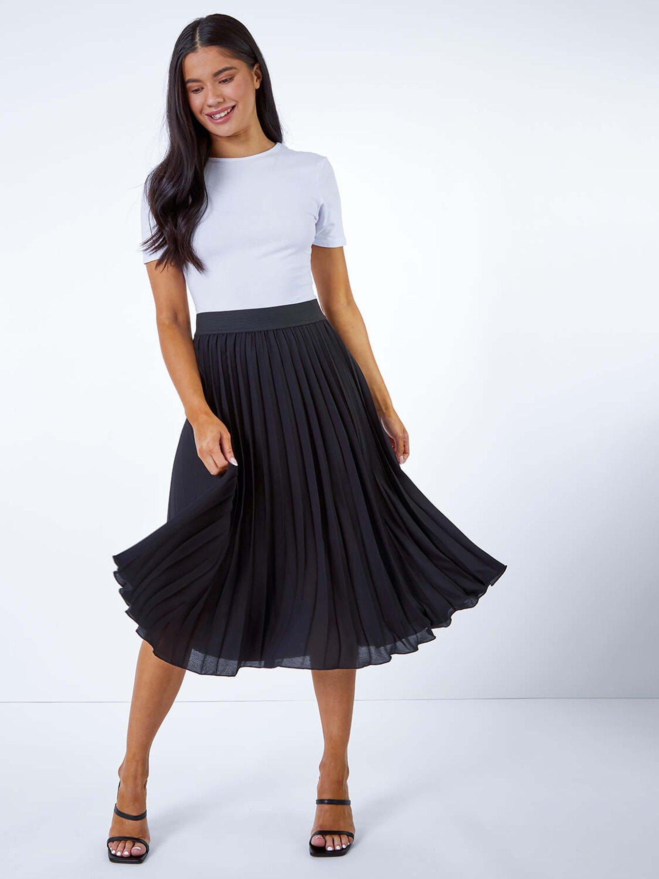 Roman Petite Pleated Elastic Waist Midi Skirt Black Very