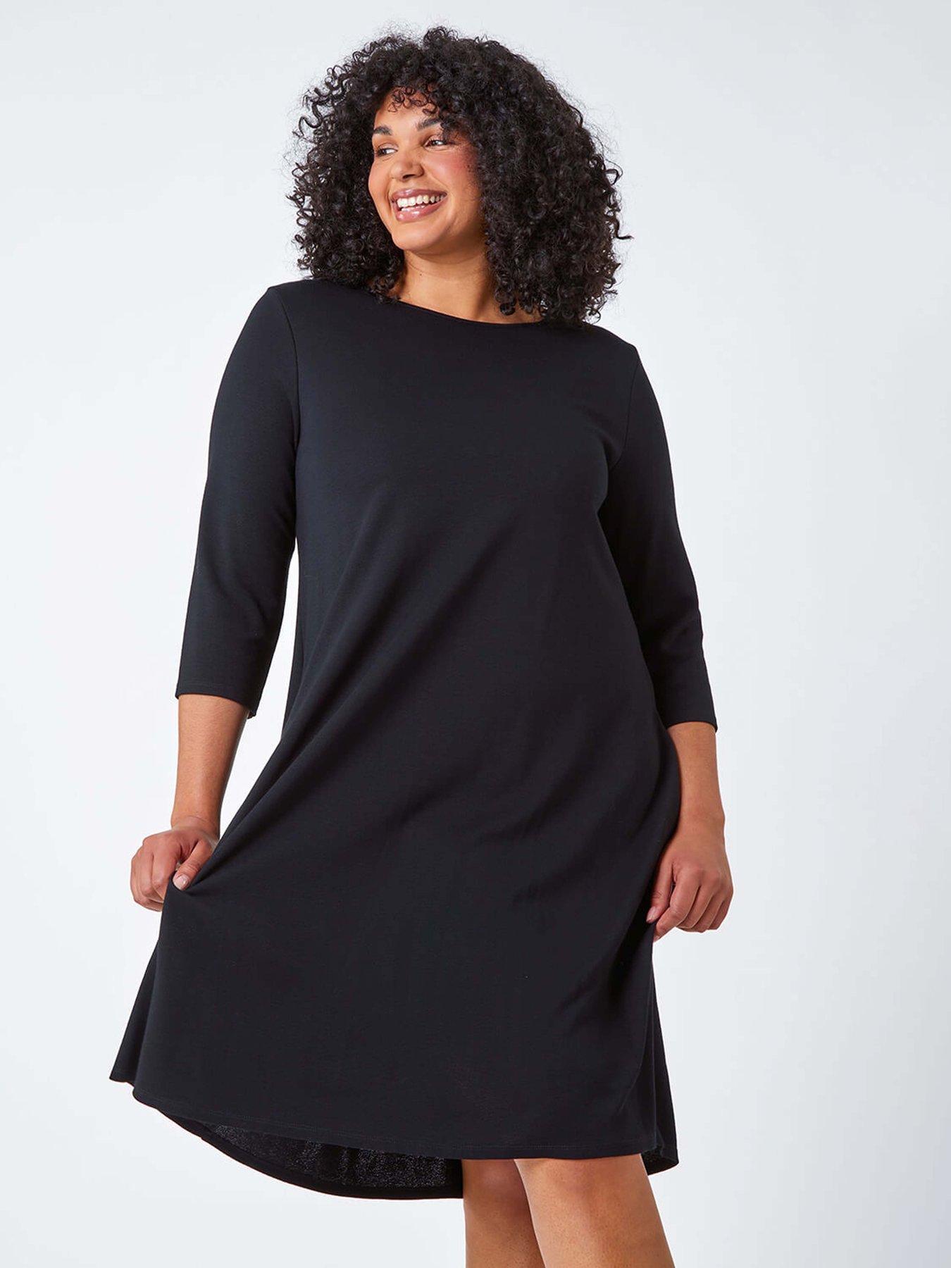 Image 1 of 5 of Roman Curve Pocket Detail Swing Stretch Dress - Black