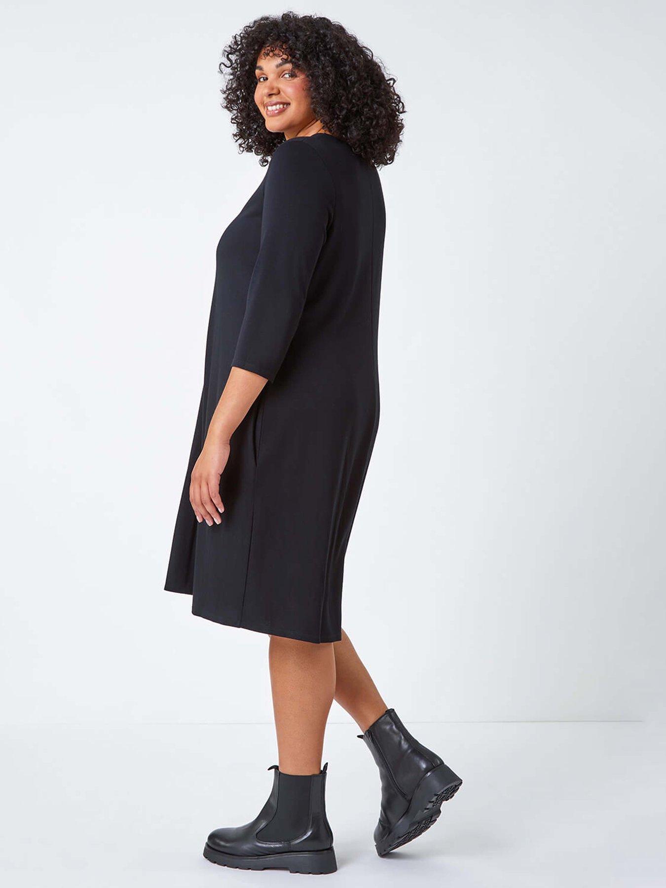 Image 2 of 5 of Roman Curve Pocket Detail Swing Stretch Dress - Black
