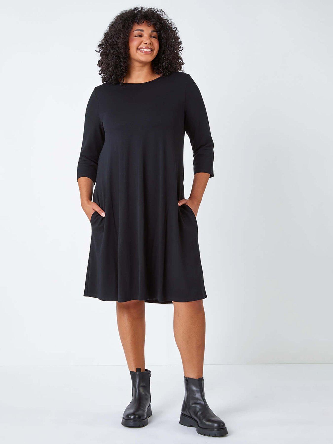 Image 3 of 5 of Roman Curve Pocket Detail Swing Stretch Dress - Black
