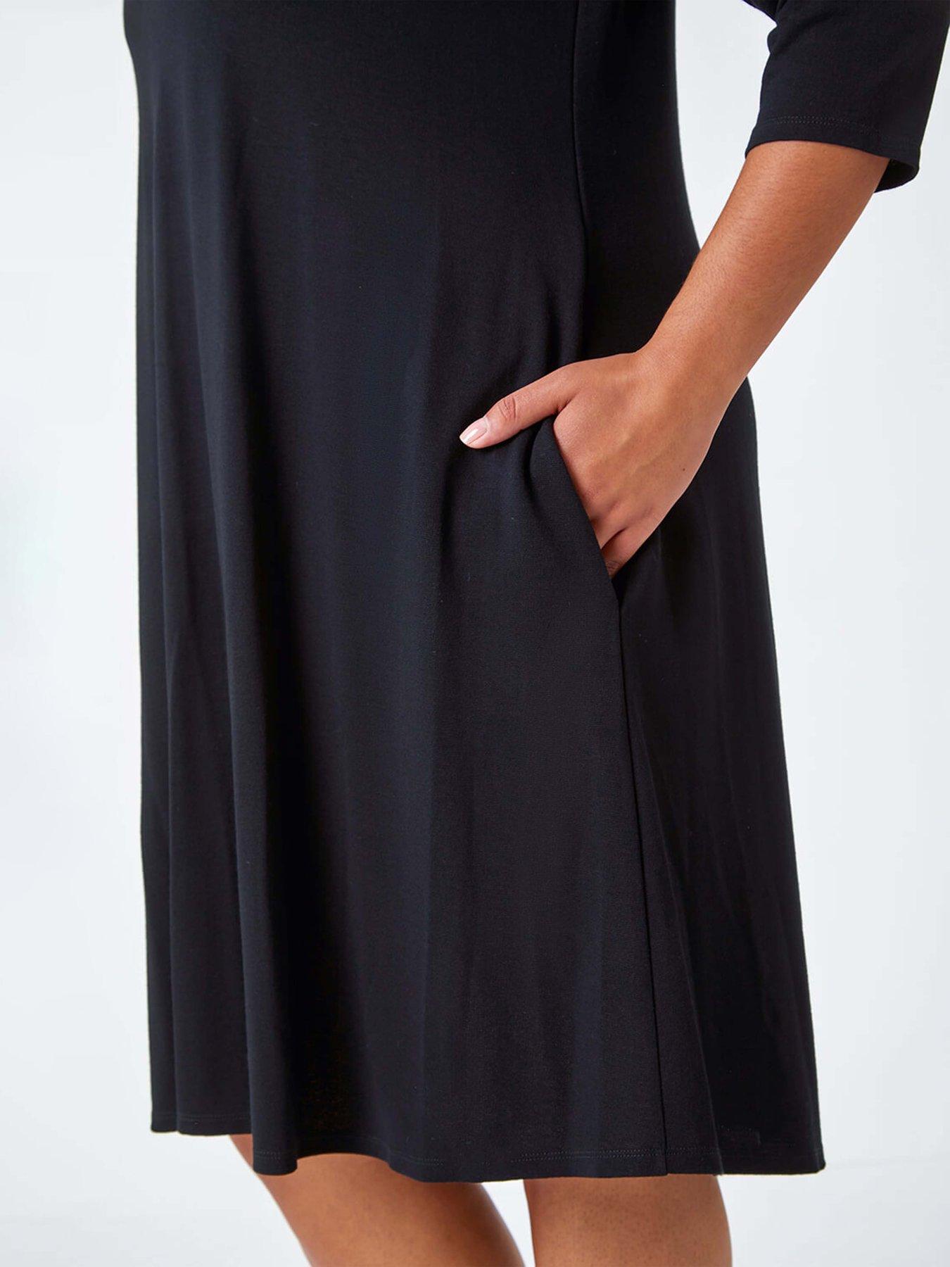 Image 5 of 5 of Roman Curve Pocket Detail Swing Stretch Dress - Black