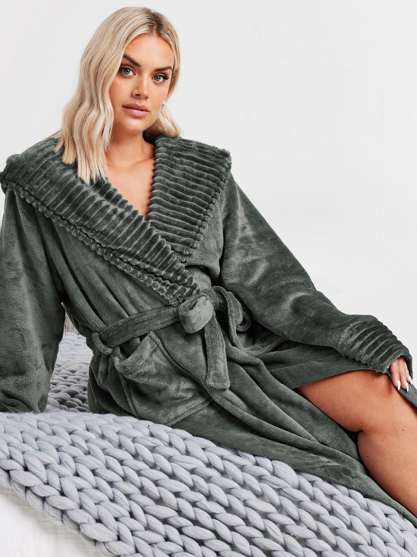 Image 3 of 4 of Yours Curve Rib Trim Hooded Robe - Grey