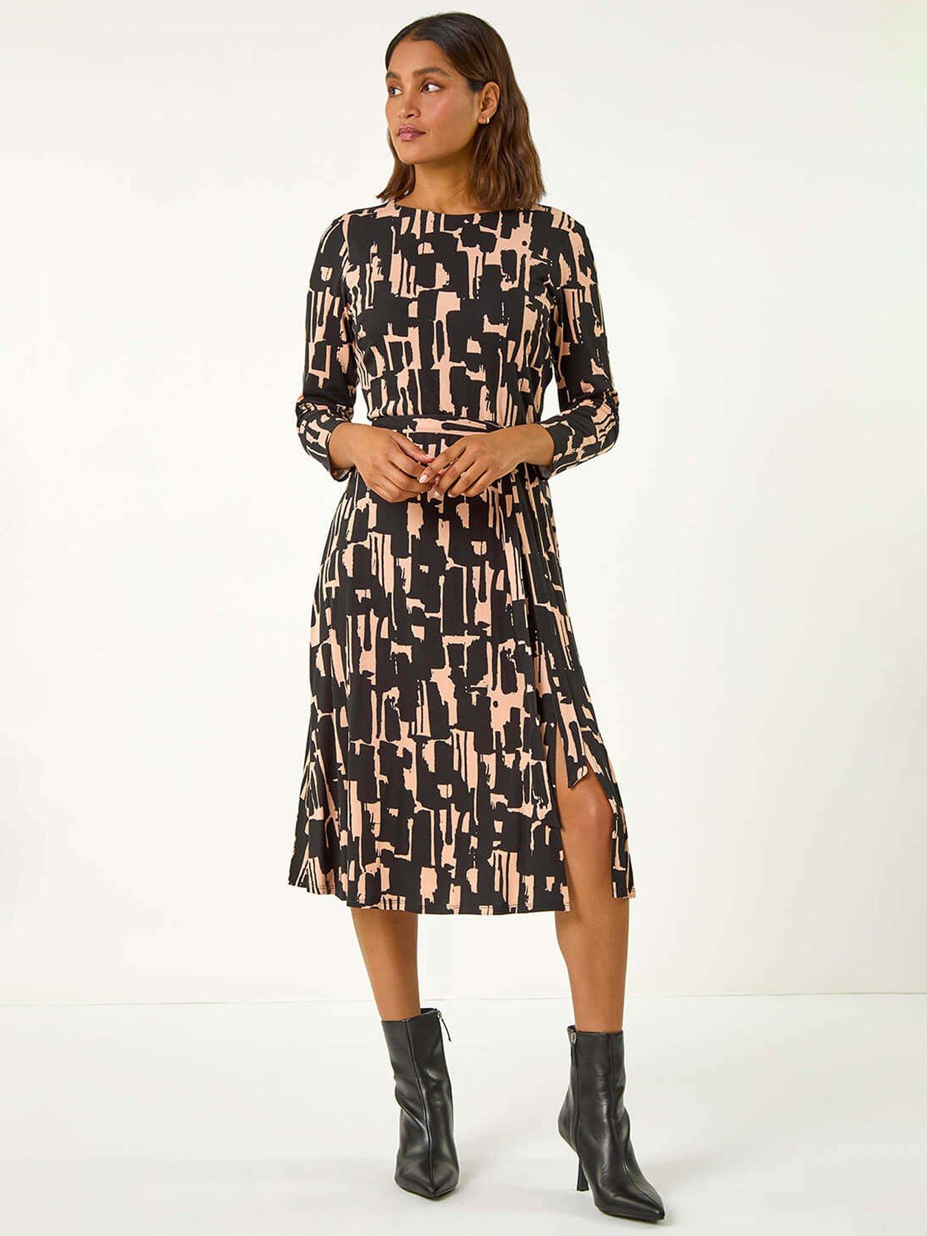 undefined Stretch Abstract Belted Dress - Black
