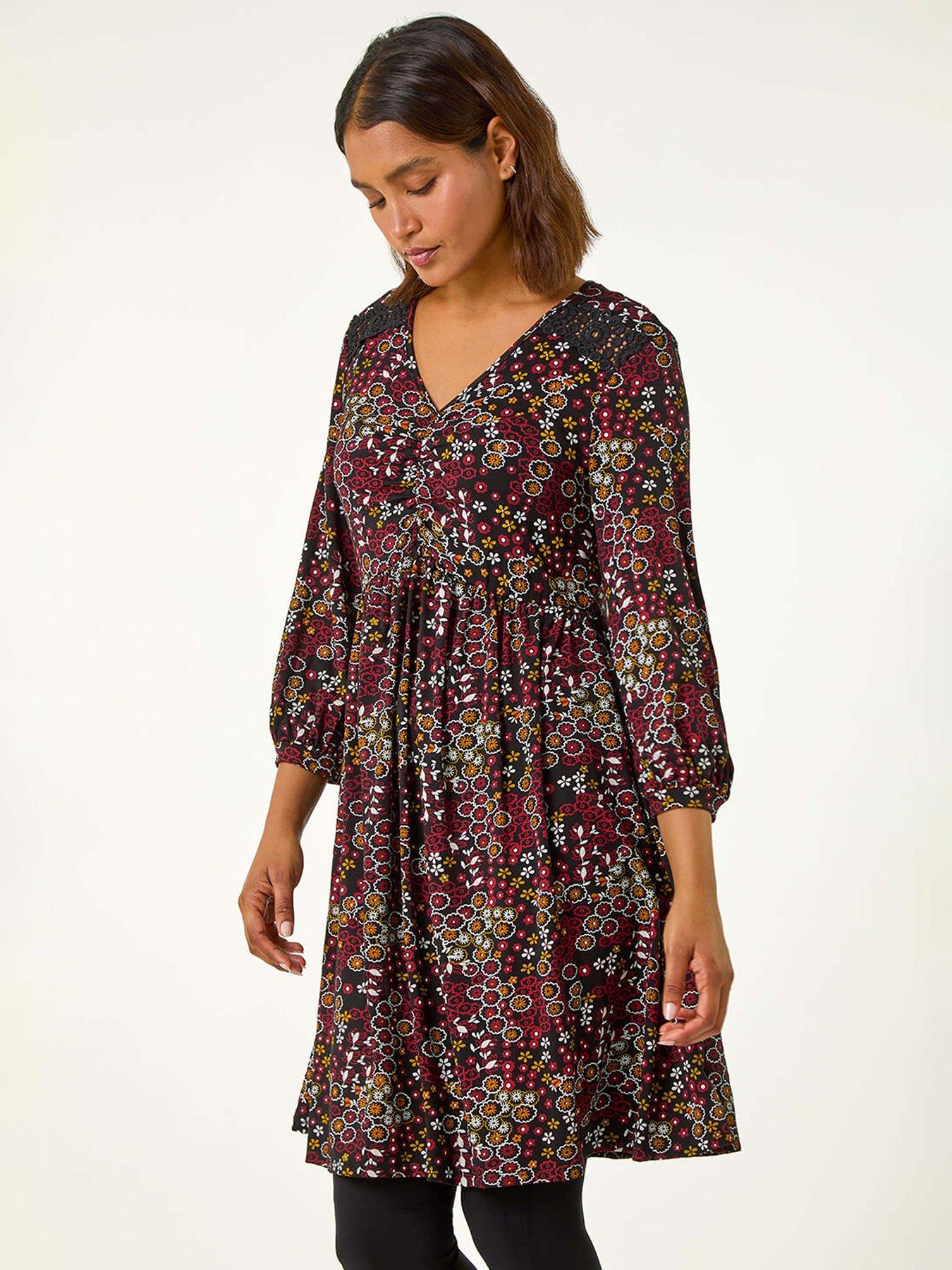 Roman Floral Print Lace Trim Dress Red Very