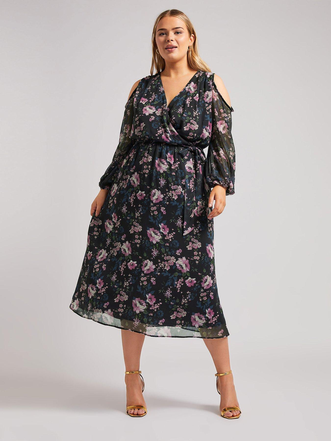 undefined Curve Floral Cold Shoulder Wrap Dress - Black