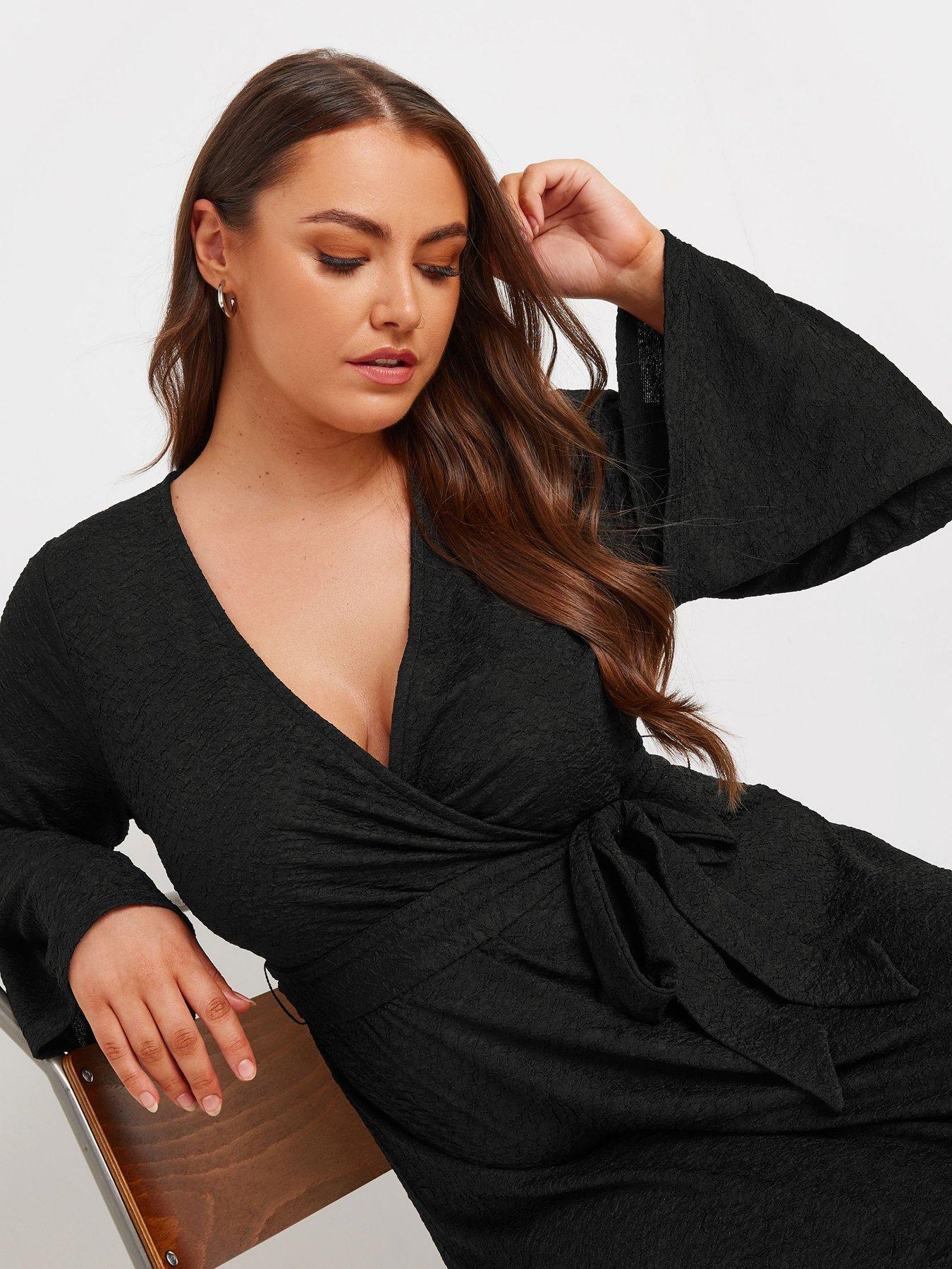 Yours Curve Wrap Flare Sleeve Textured Dress Black Very