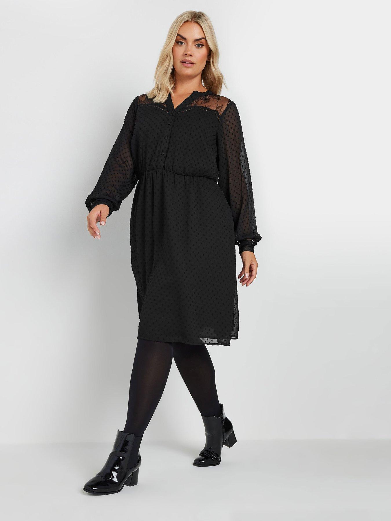 Image 1 of 4 of Yours Curve Lace Dobby Mesh Dress - Black