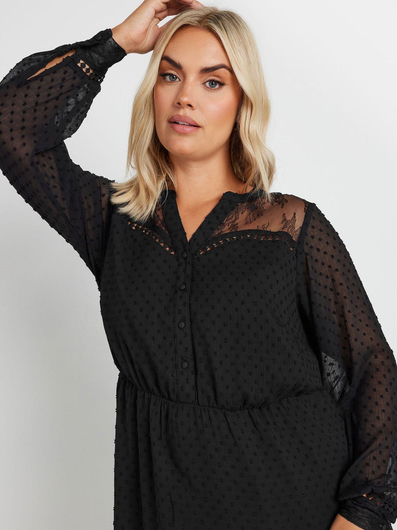 Image 4 of 4 of Yours Curve Lace Dobby Mesh Dress - Black