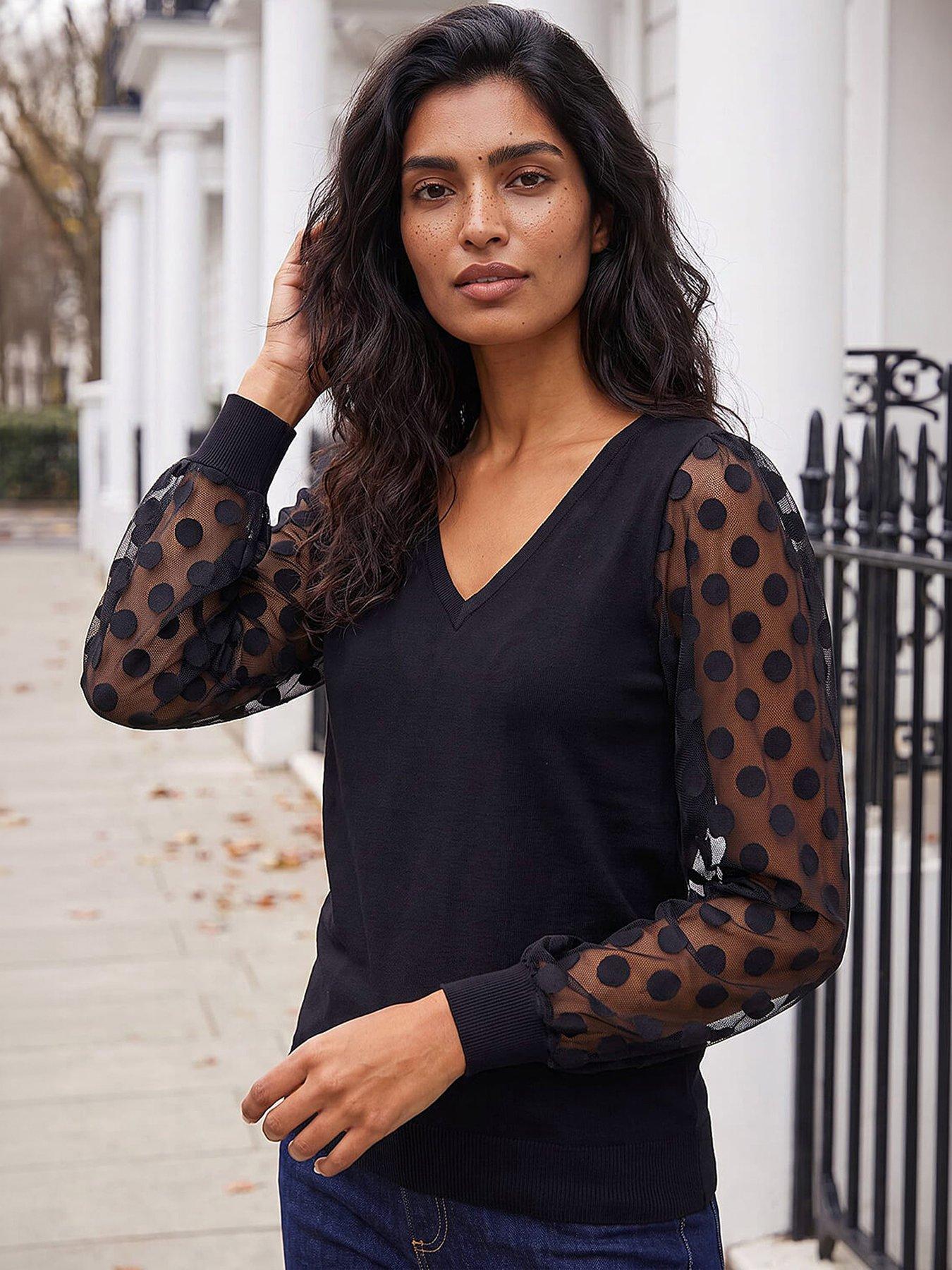 Roman Women's Black Polka Dot V-Neck Sleeve Knit Jumper Size 12 - Image 2