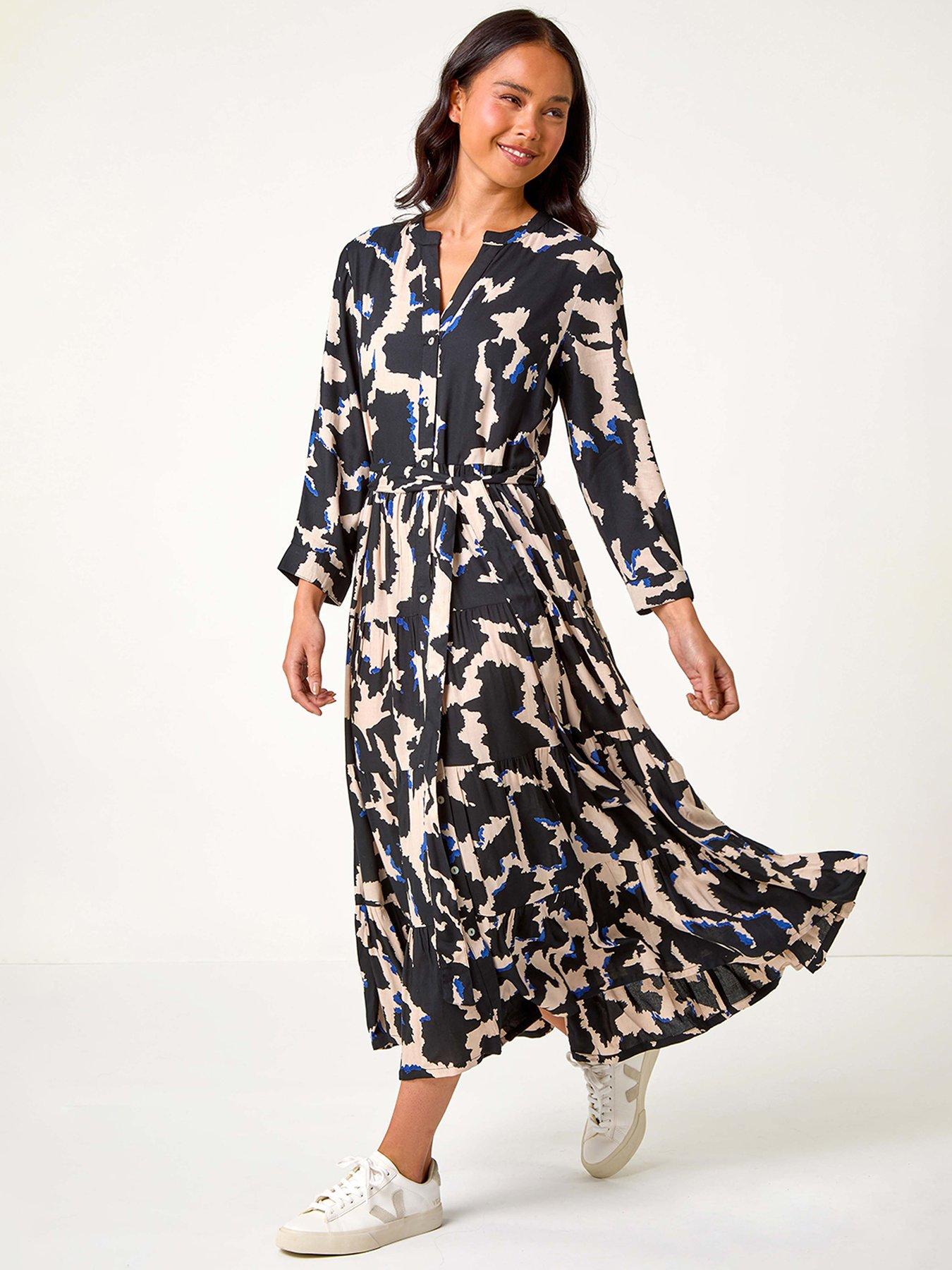 undefined Petite Abstract Print Button Midi Dress - Black