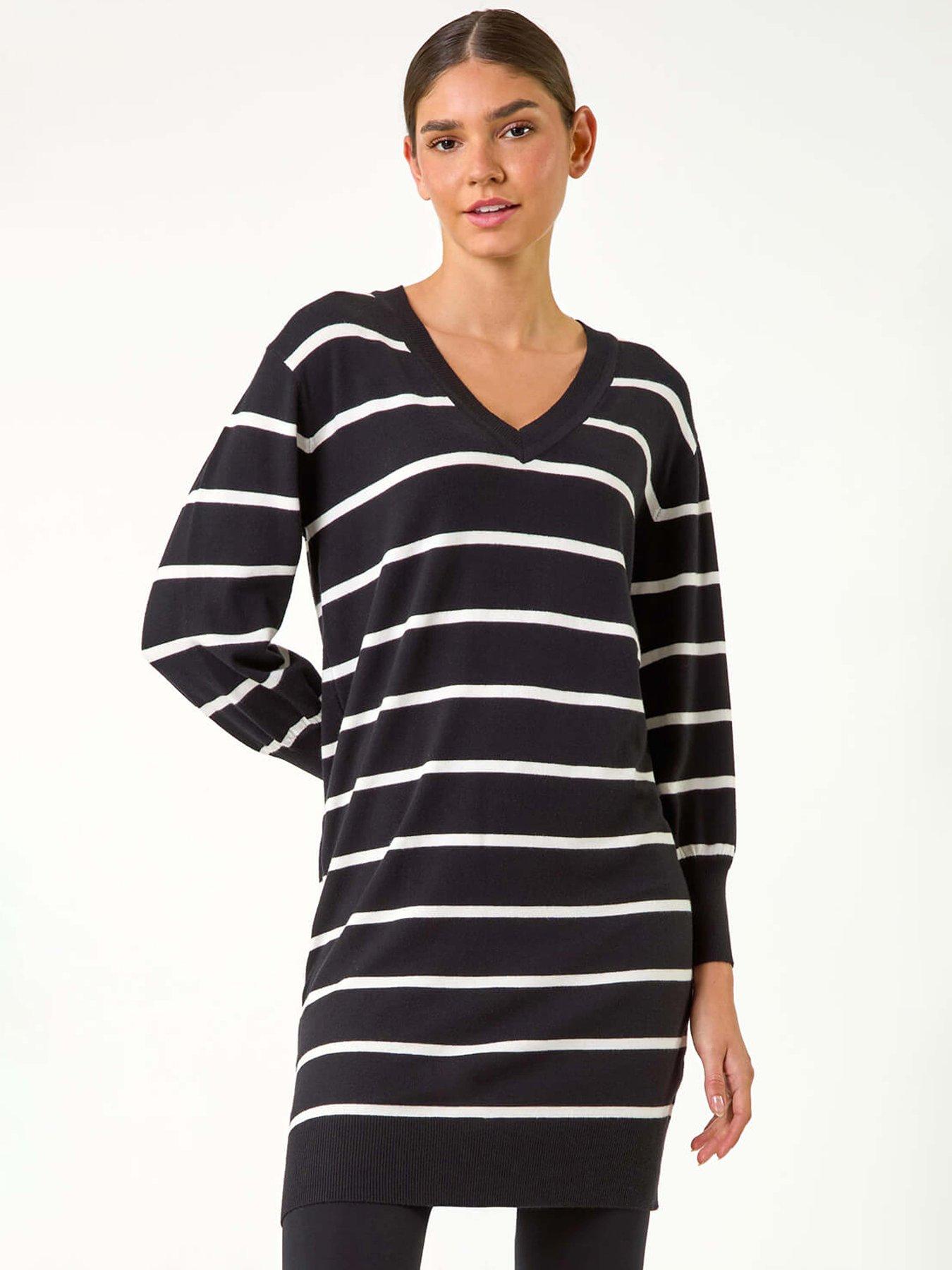 Roman Stripe V-neck Knit Jumper Dress - Black