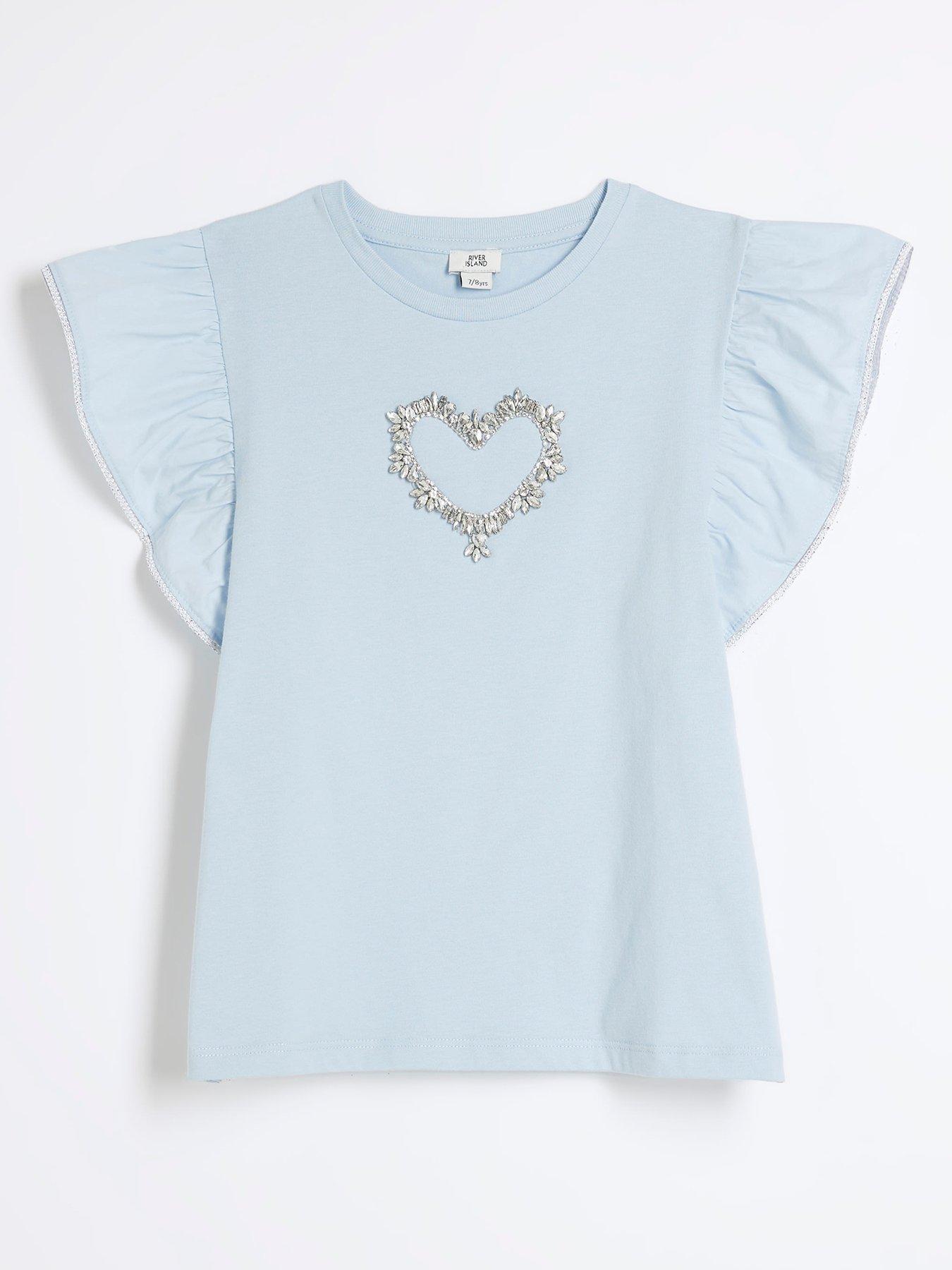 undefined Girls Heart Frill Sleeve T-shirt - Blue