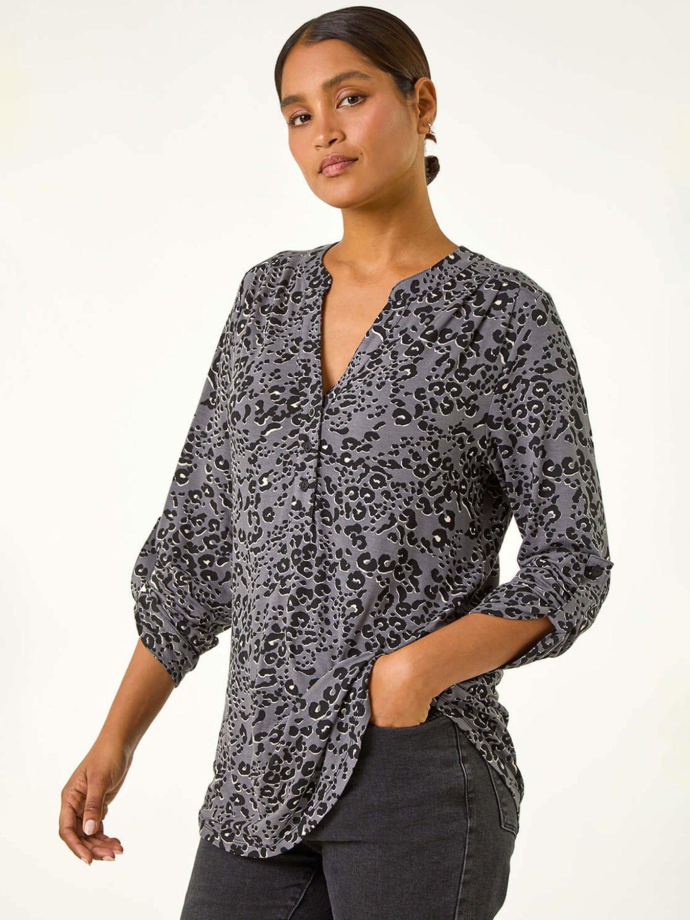 undefined Animal Print Stretch Blouse - Grey
