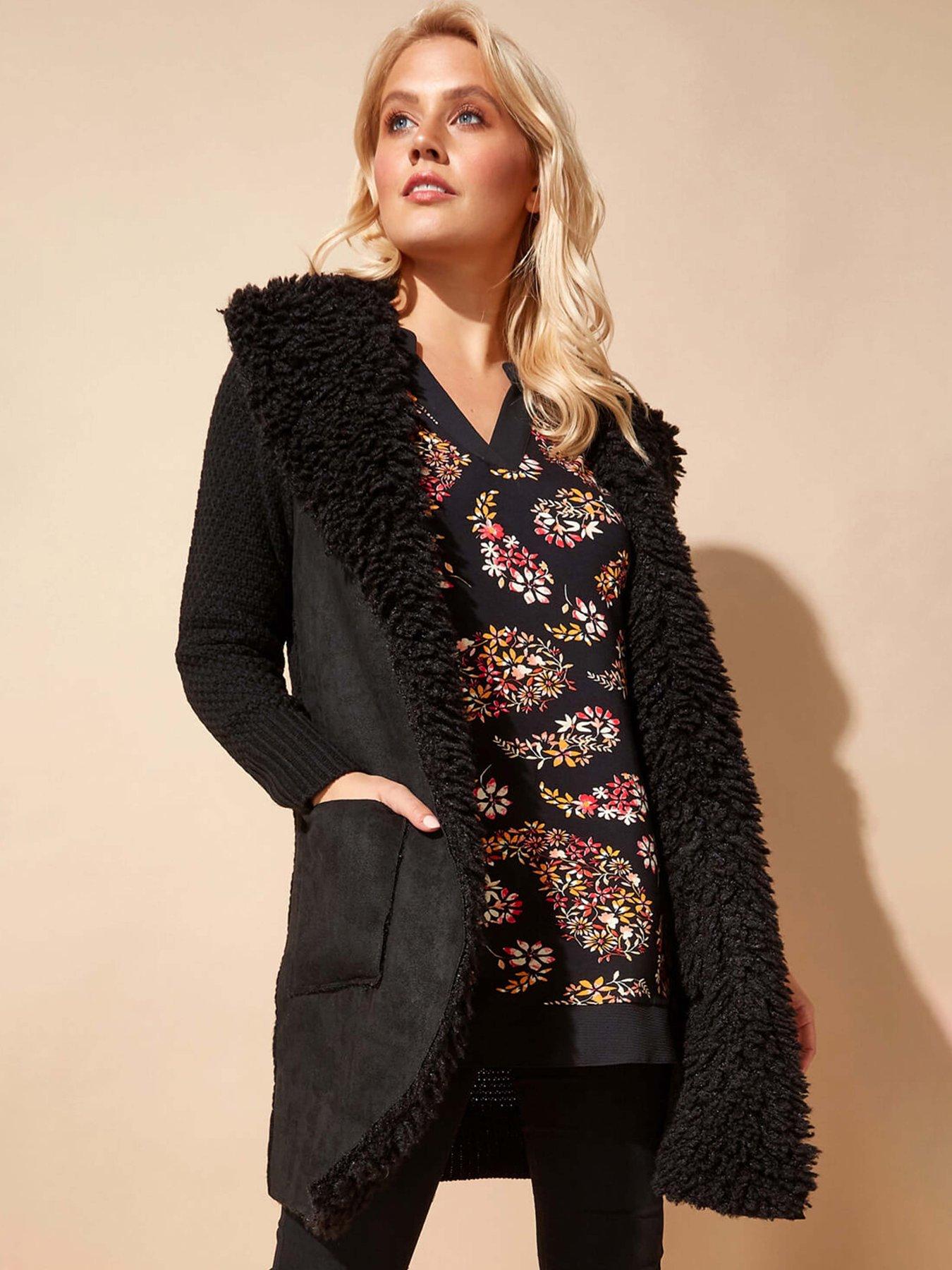 Roman Longline Faux Shearling Knit Coatigan - Black