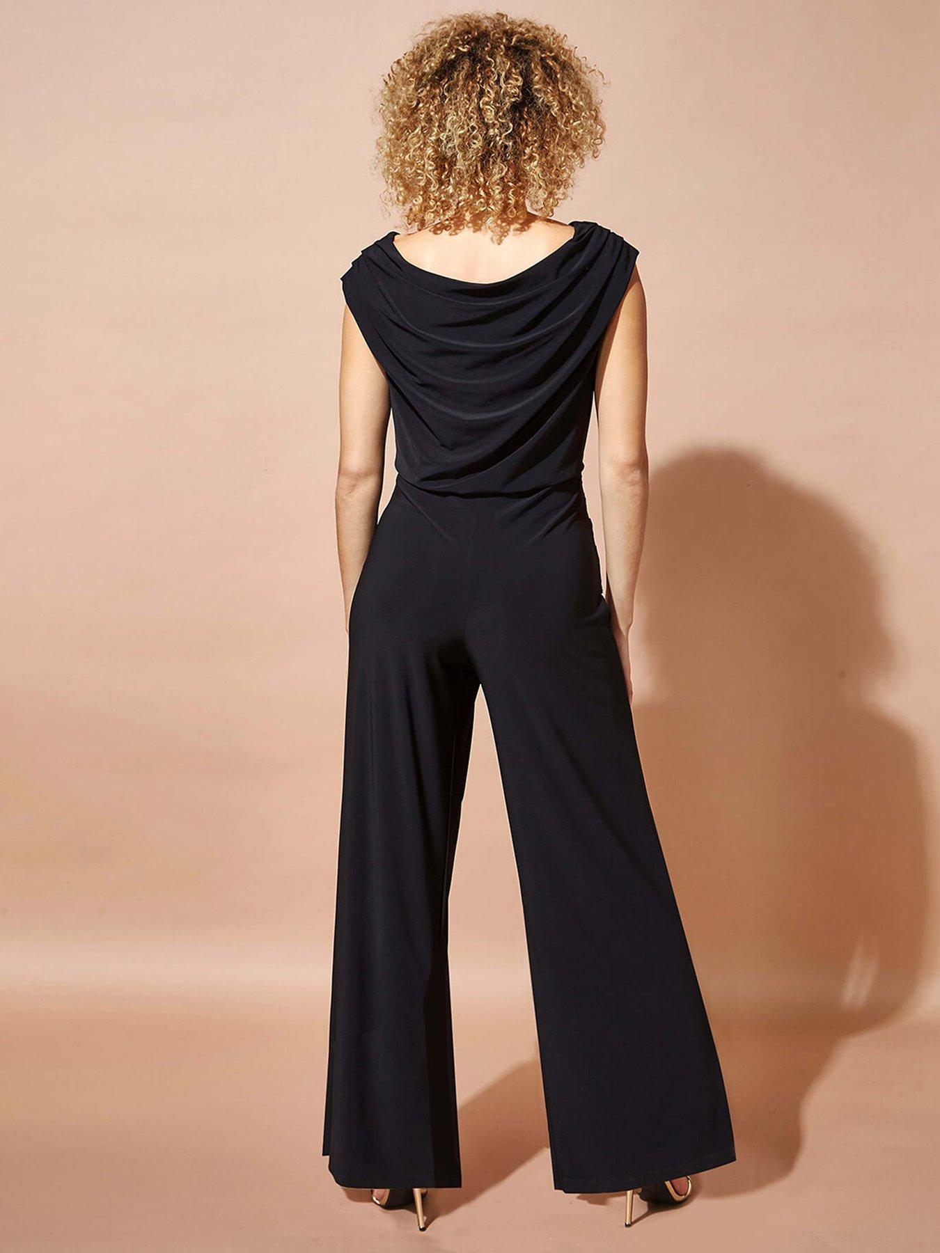 Image 2 of 5 of Roman Cowl Neck Ruched Stretch Jumpsuit - Black