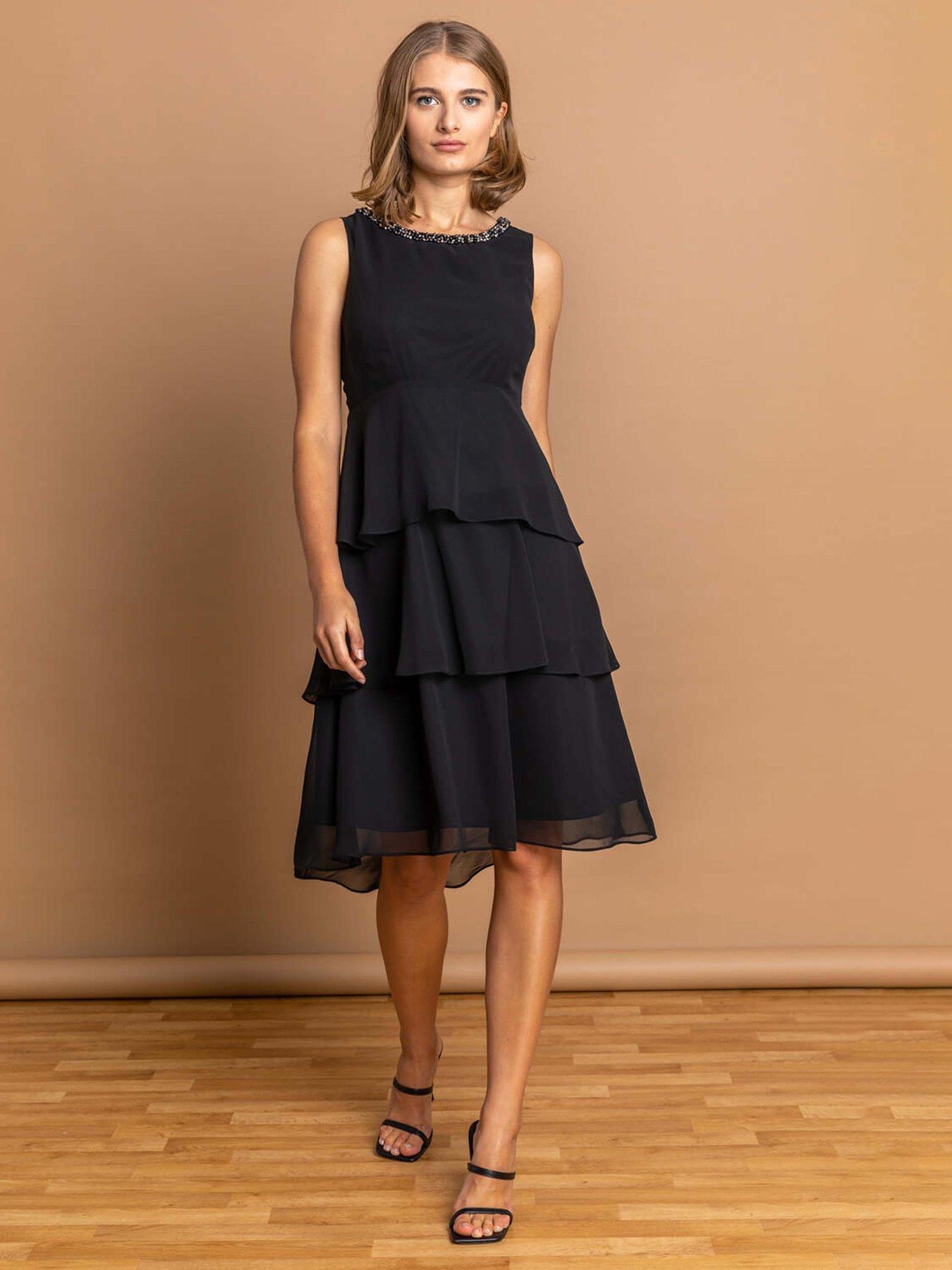 Roman Tiered Embellished Neck Chiffon Dress - Black