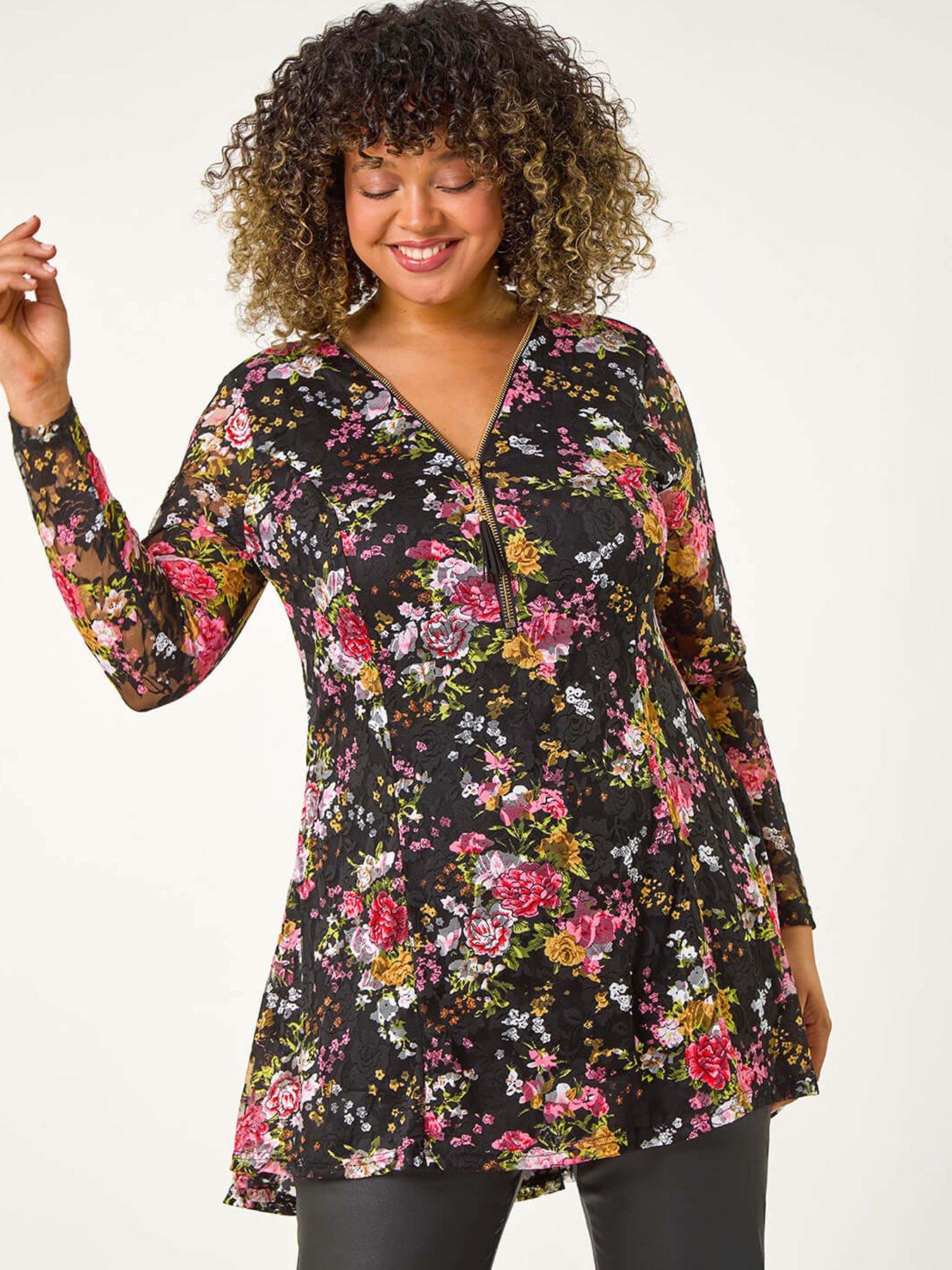 Roman Curve Floral Print V-neck Zip Front Top - Pink