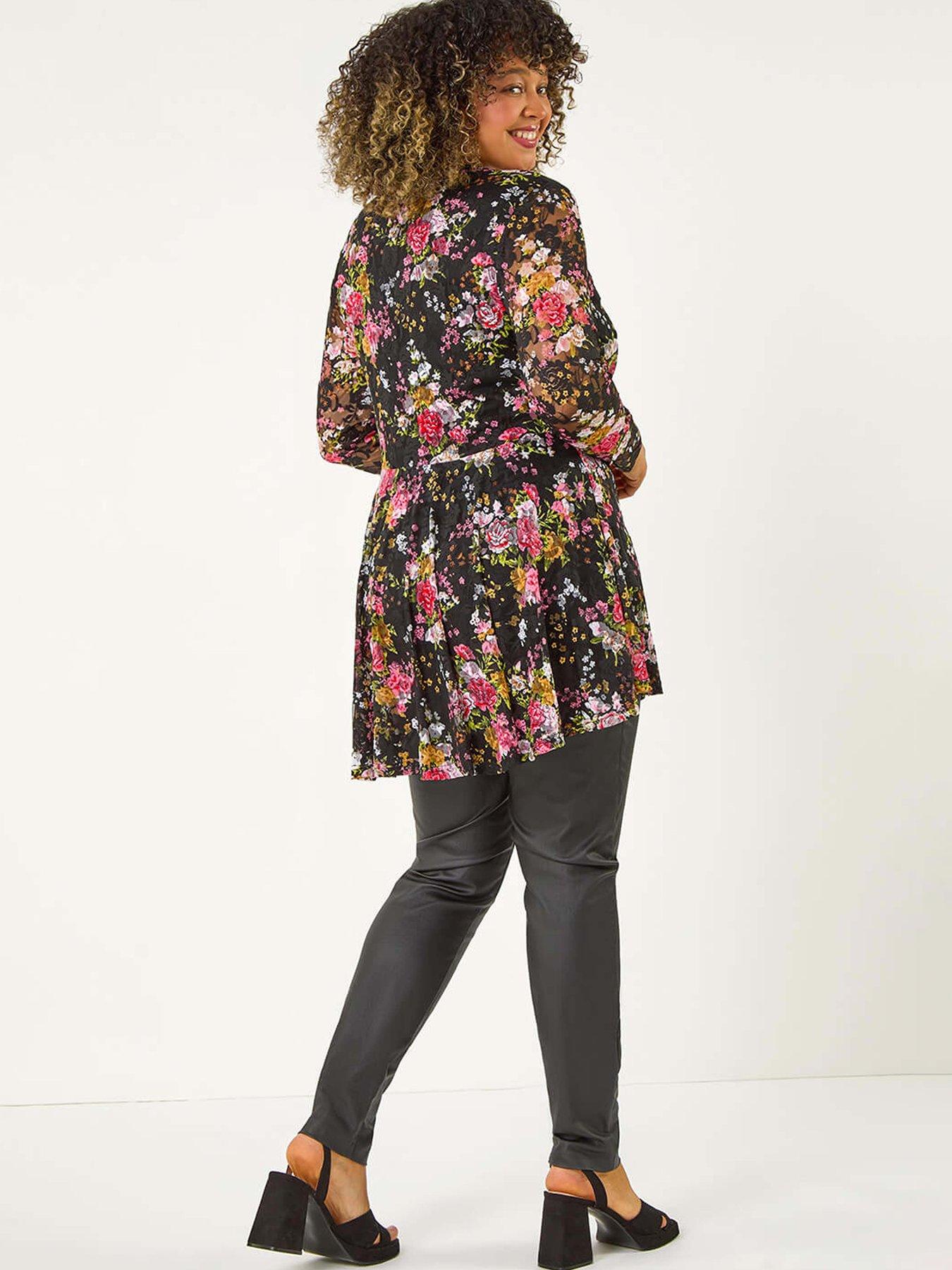 Image 2 of 5 of Roman Curve Floral Print V-neck Zip Front Top - Pink