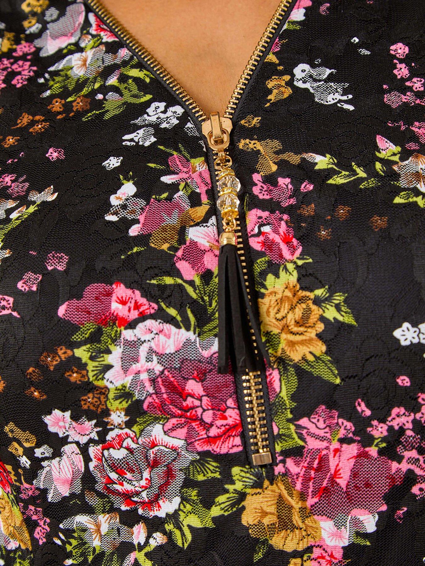 Image 5 of 5 of Roman Curve Floral Print V-neck Zip Front Top - Pink