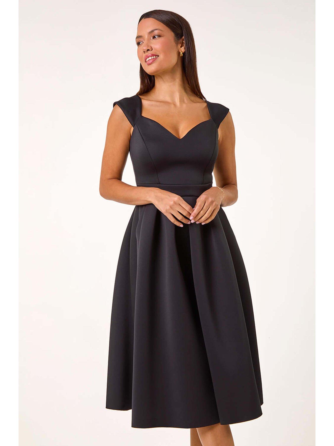 black skater dress with sweetheart neckline Black Bengaline Sweetheart Neck Skater Dress