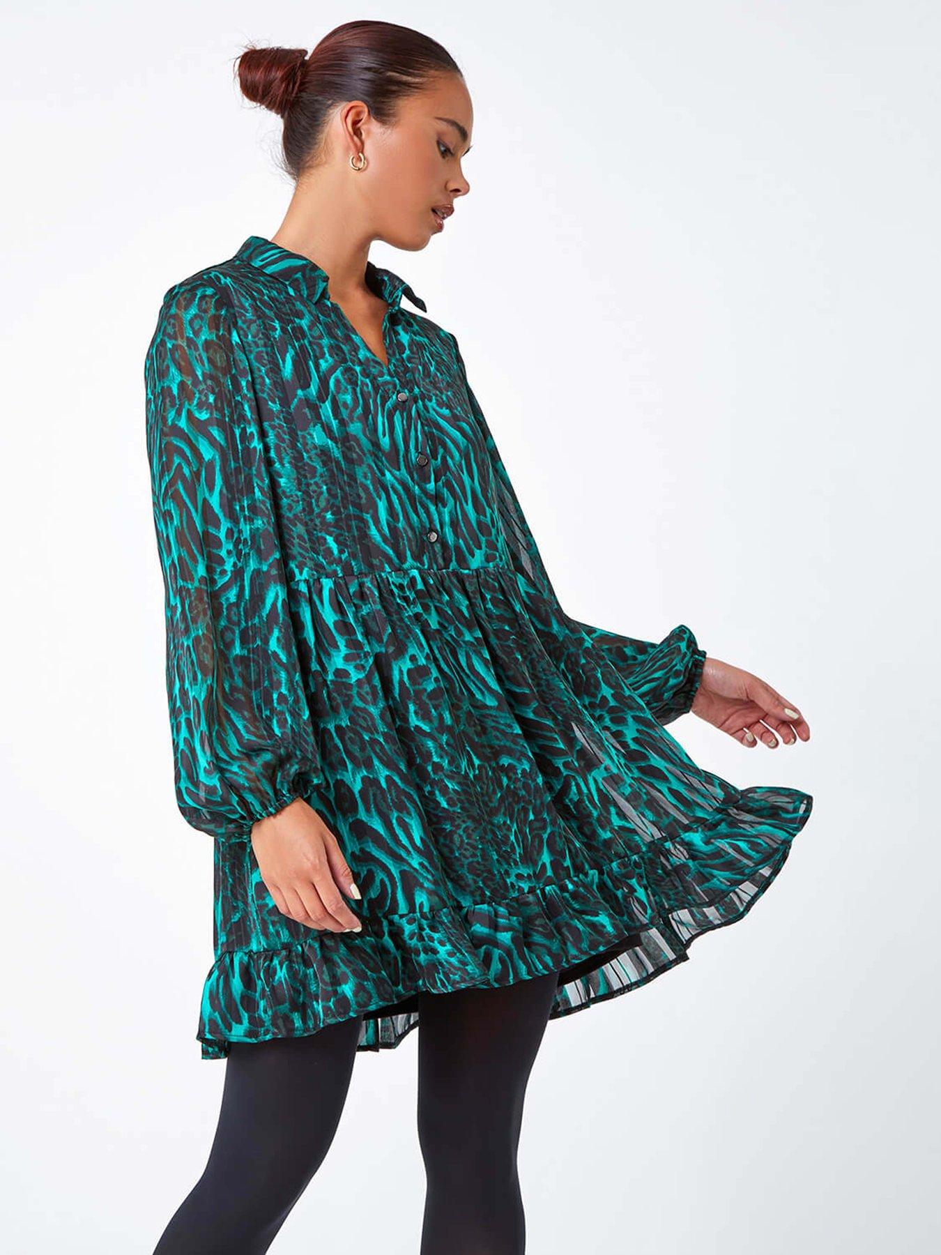 Roman Petite Animal Print Frill Hem Dress - Green