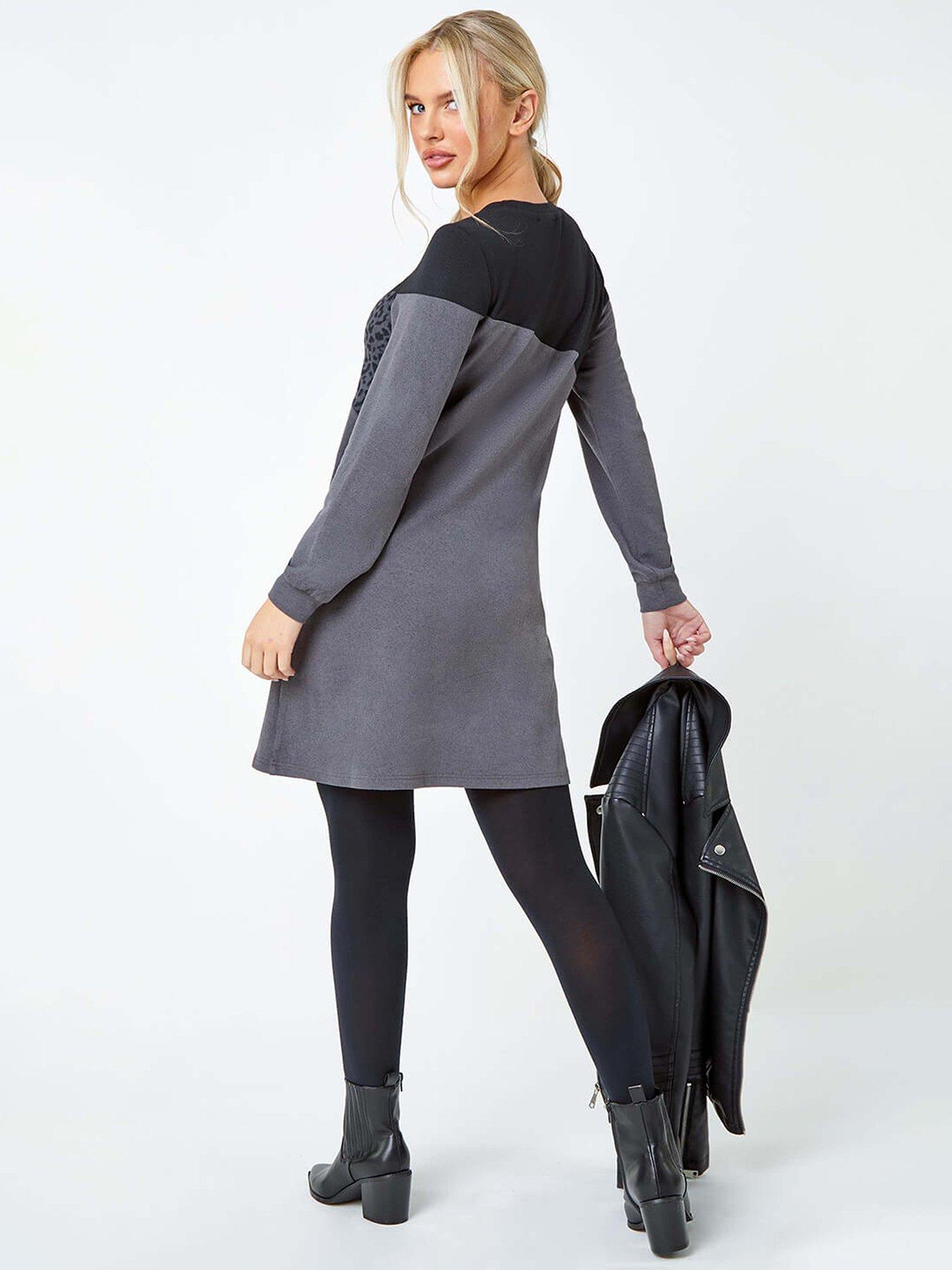 Image 2 of 5 of Roman Petite Animal Colour Block Knit Dress - Dark Grey