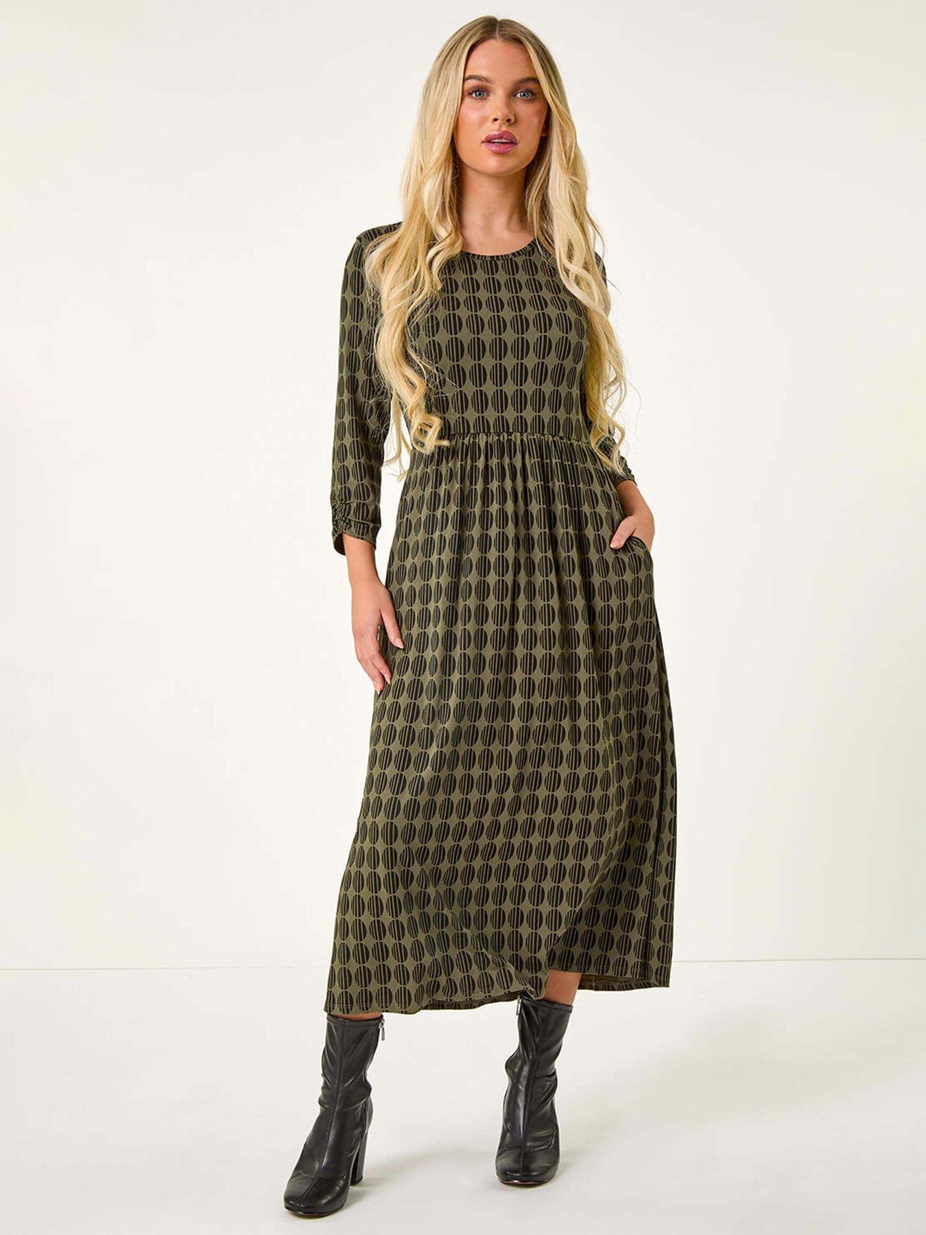 Roman Petite Geometric Spot Midi Dress - Khaki