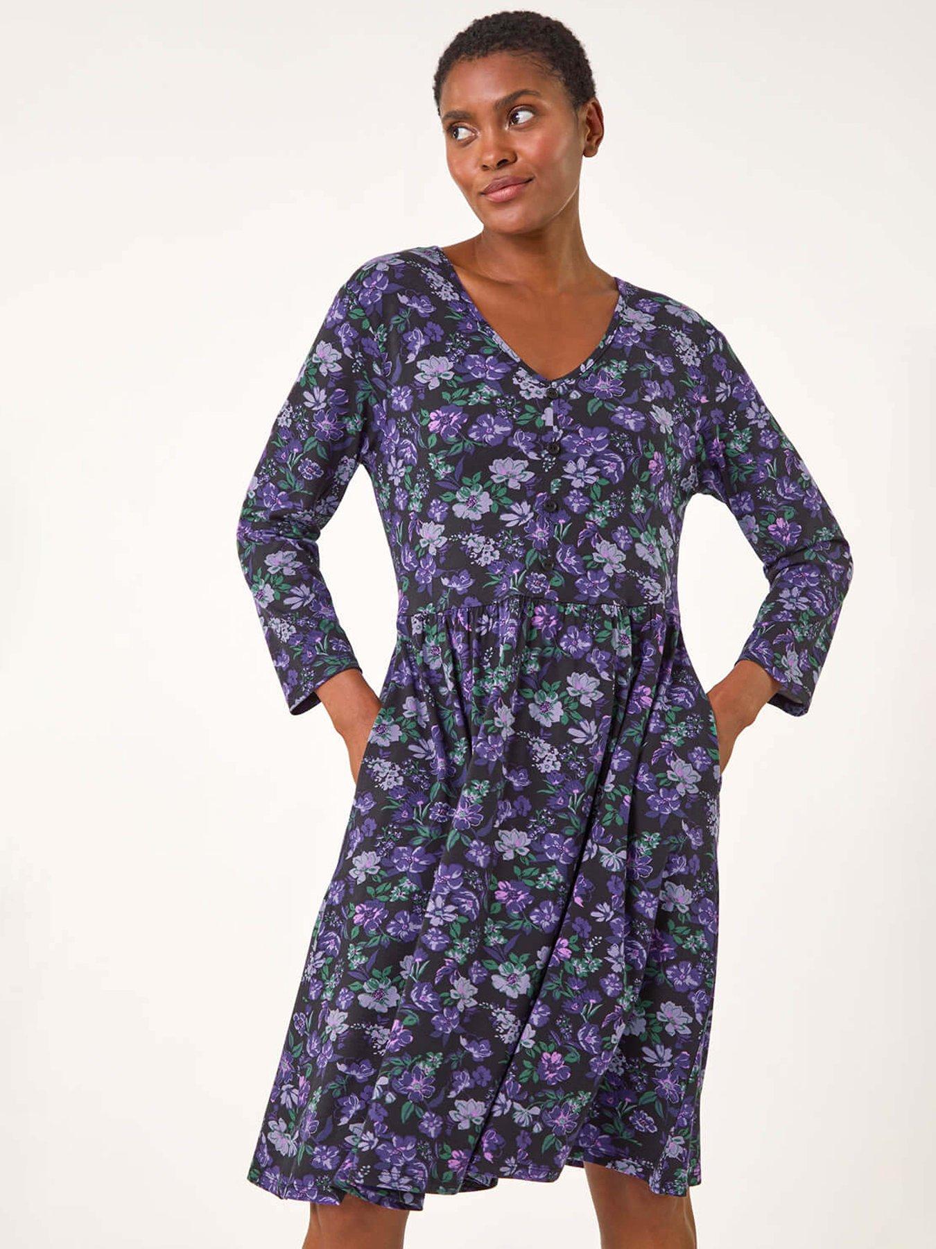 Roman Floral Print Button Detail V neck Dress Purple Very