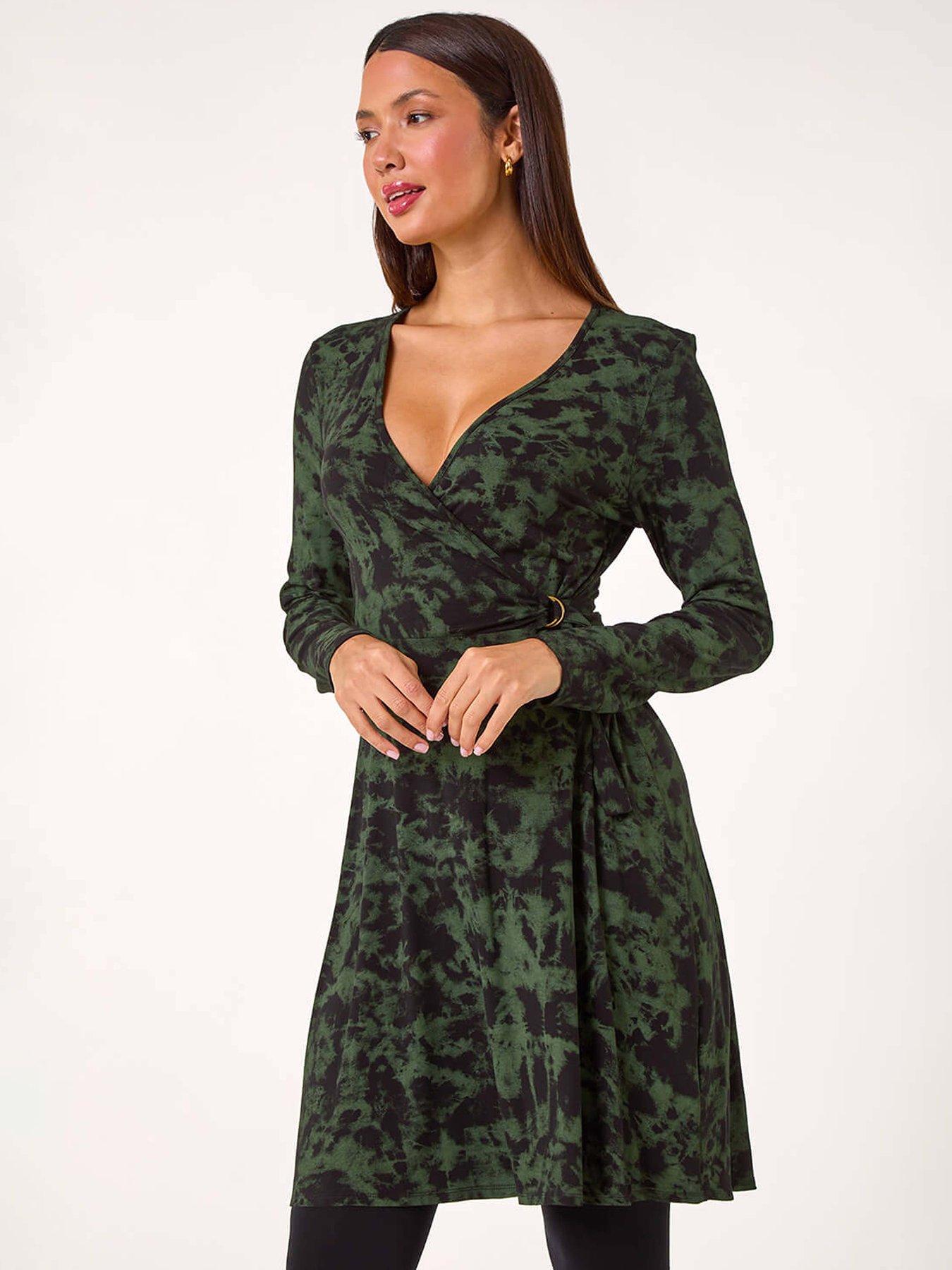 Roman Tie Dye Wrap Detail Stretch Dress - Green