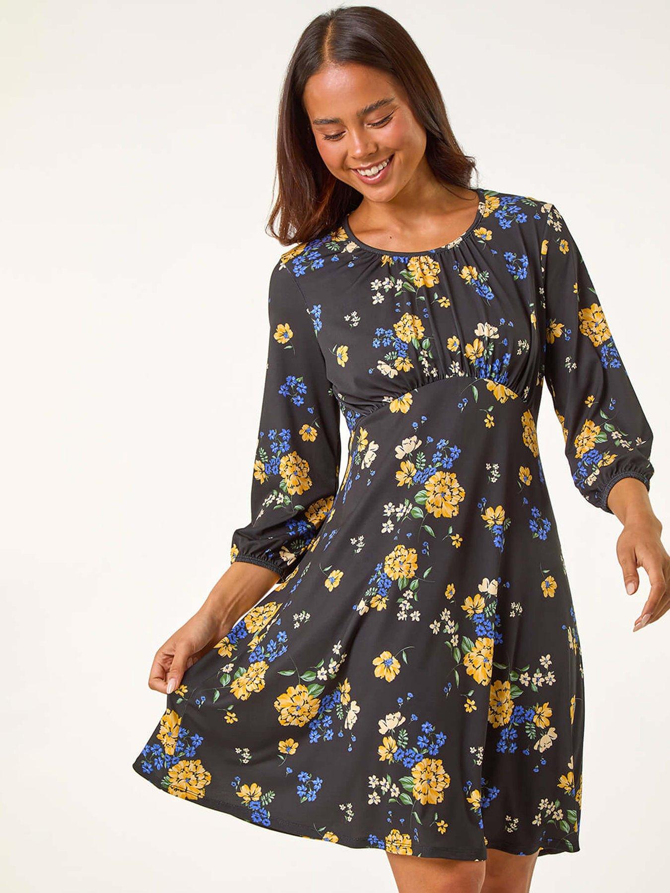 Petite Floral Print Gathered Waist Dress Black