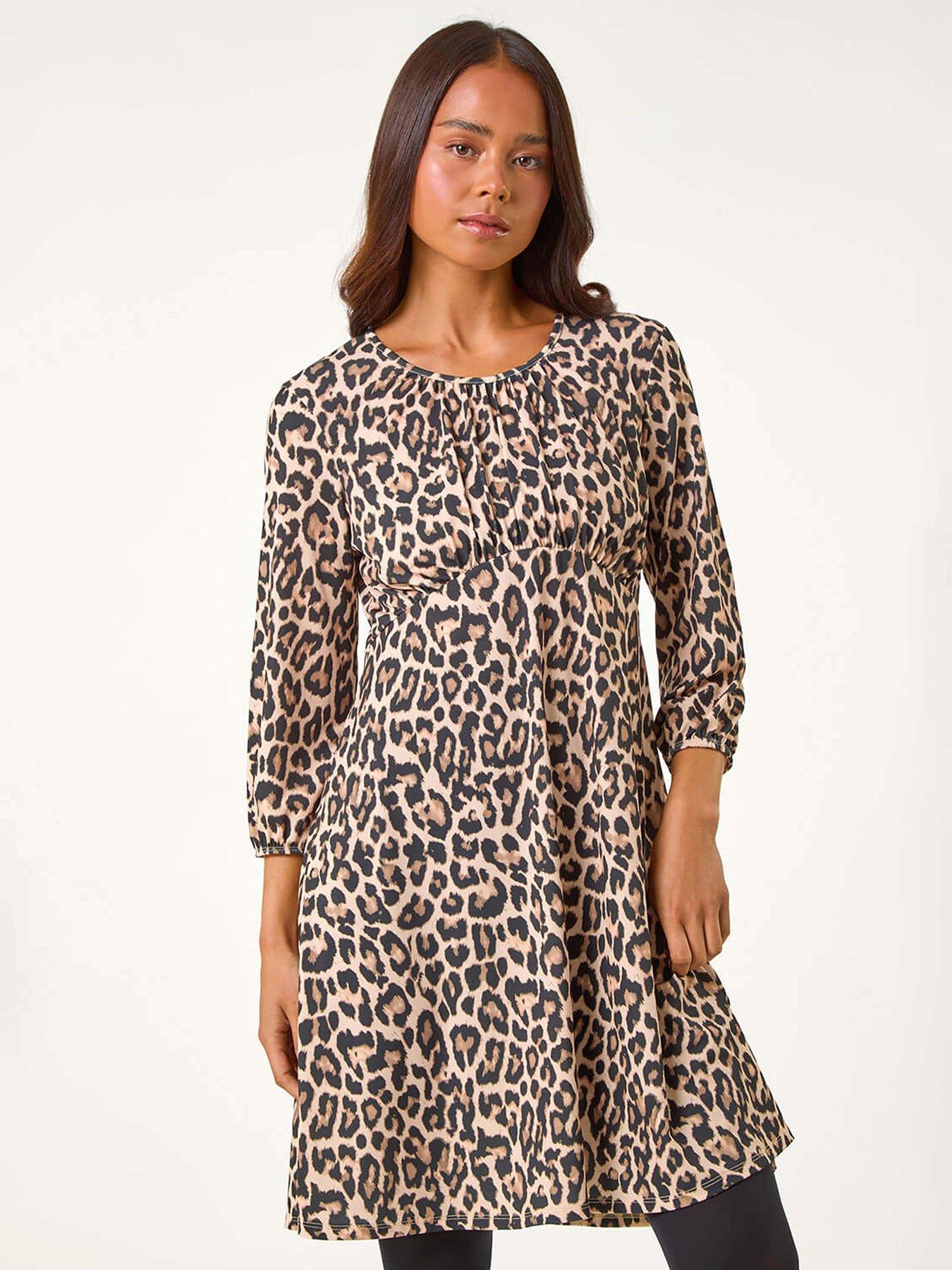 Roman Petite Animal Print Gathered Waist Dress - Camel