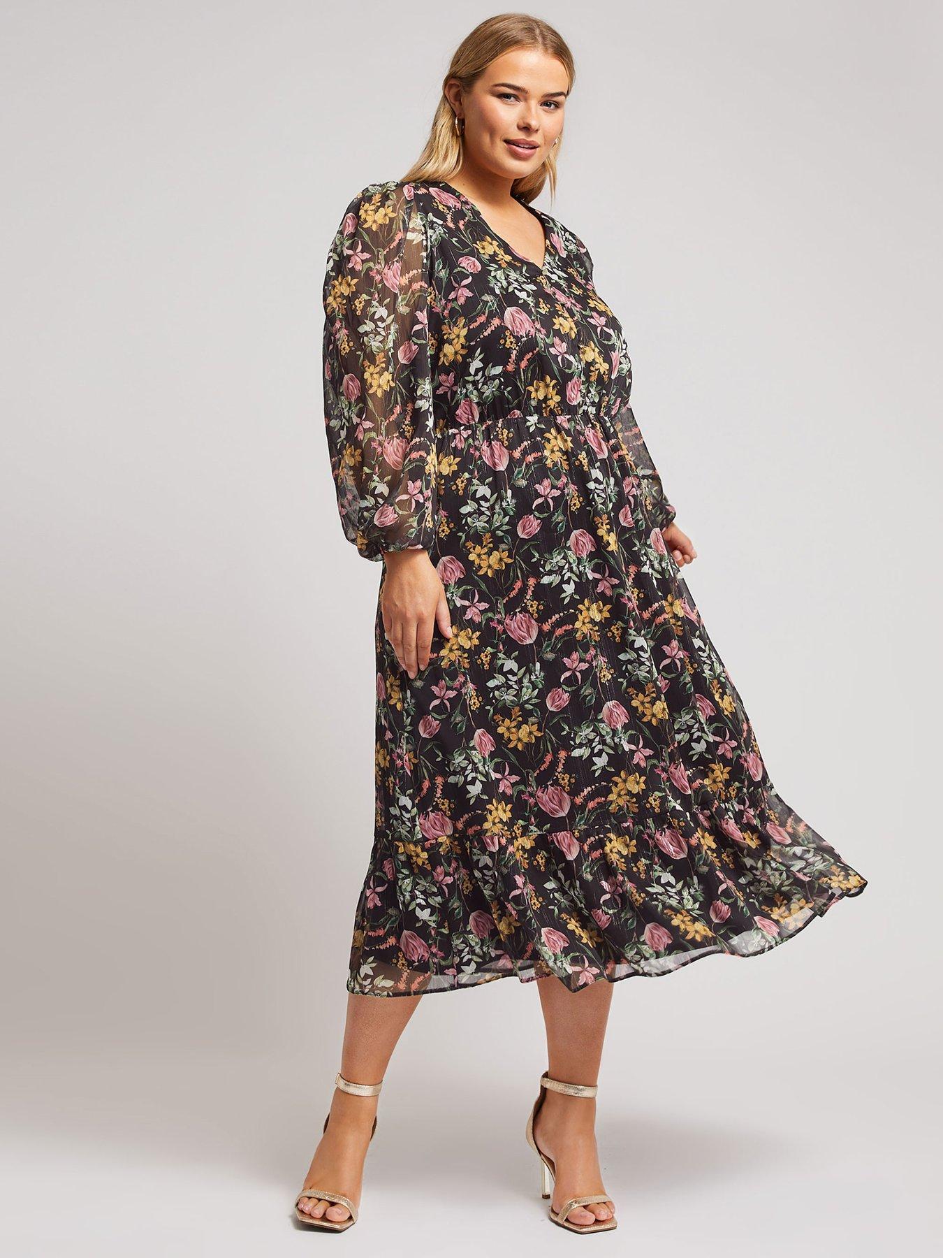 undefined Curve Large Floral Midaxi Dress - Black