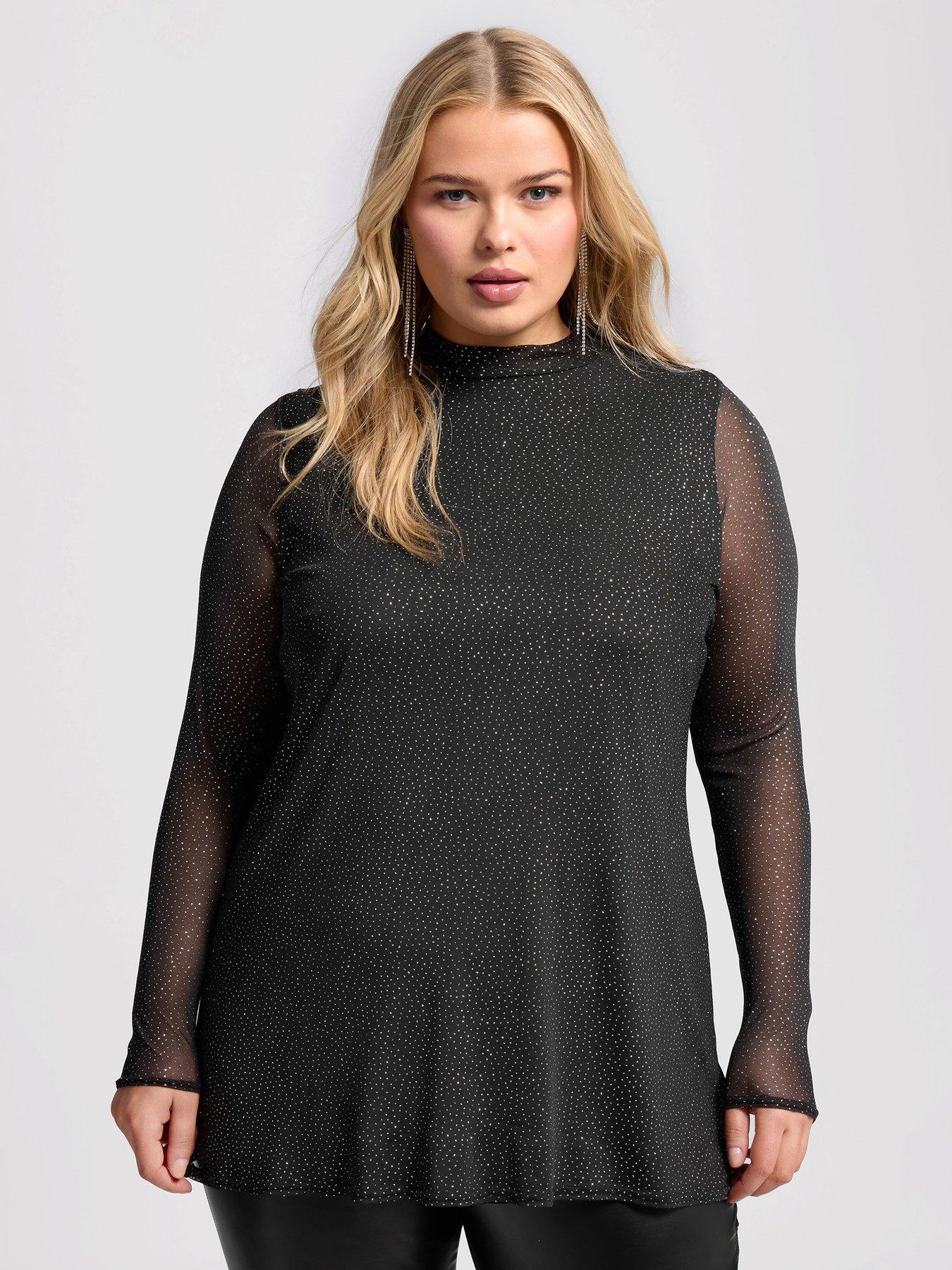 Curve Glitter Mesh Top Black