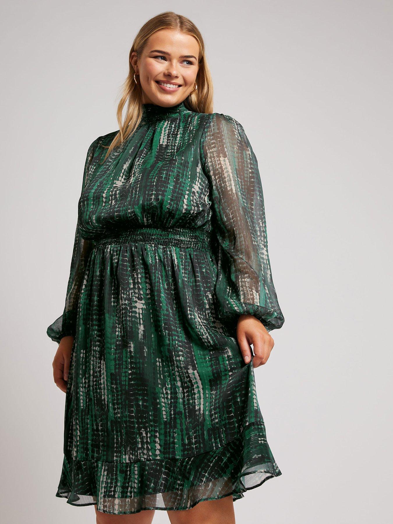 Image 1 of 4 of Yours Curve Abstract Shirred Waist Collar Dress - Green
