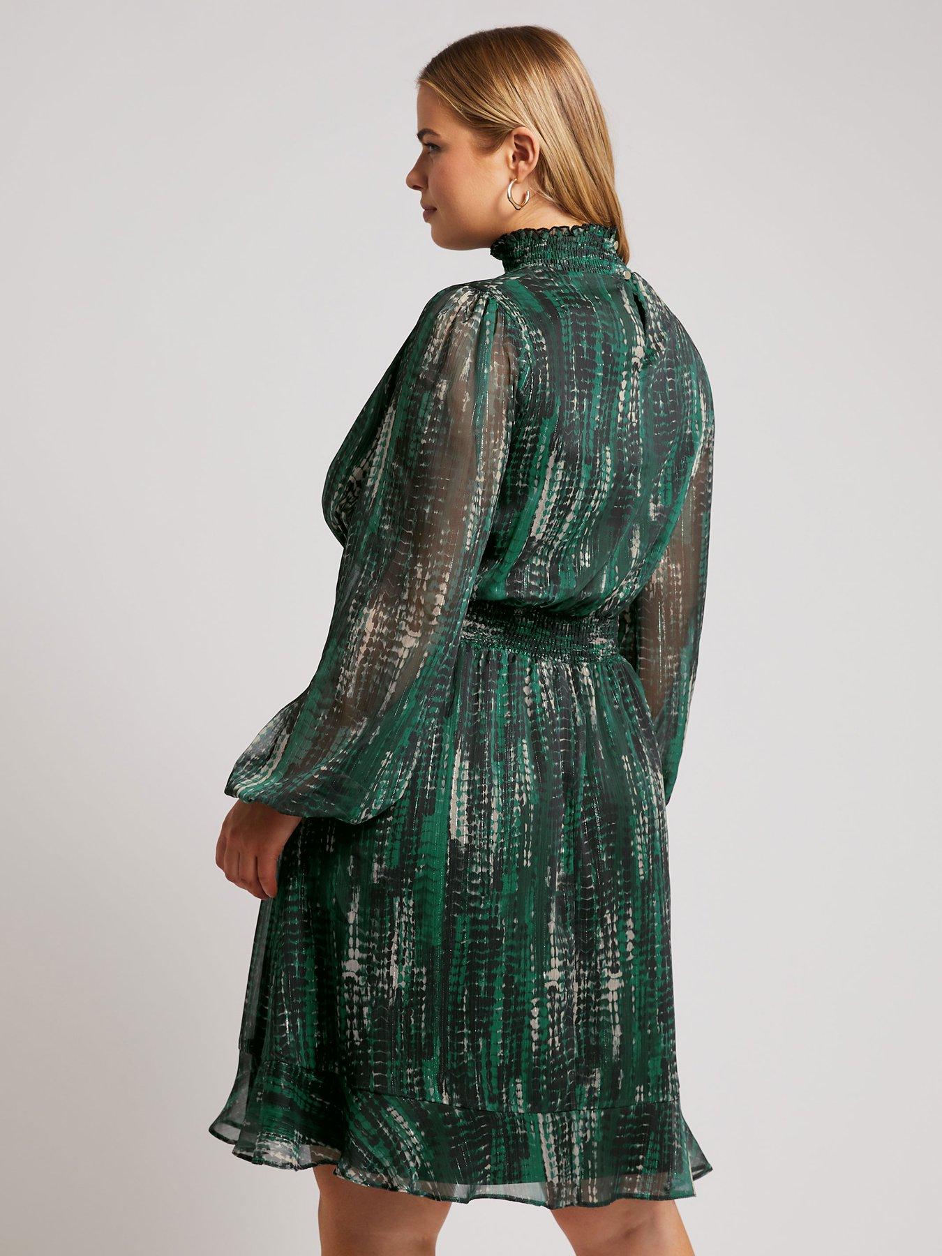 Image 2 of 4 of Yours Curve Abstract Shirred Waist Collar Dress - Green