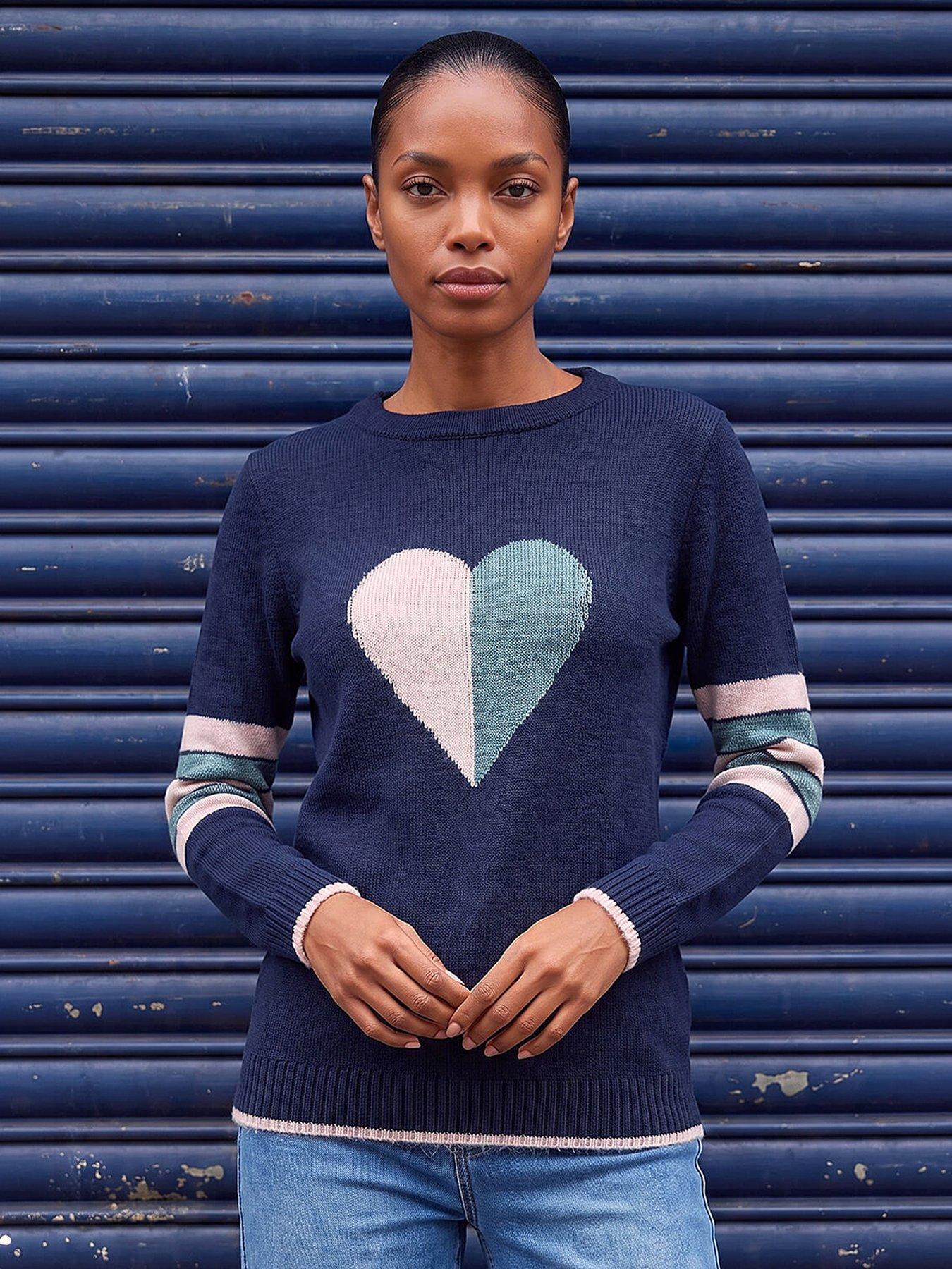 Roman Heart Print Stripe Sleeve Jumper, Blue, Size 16, Women