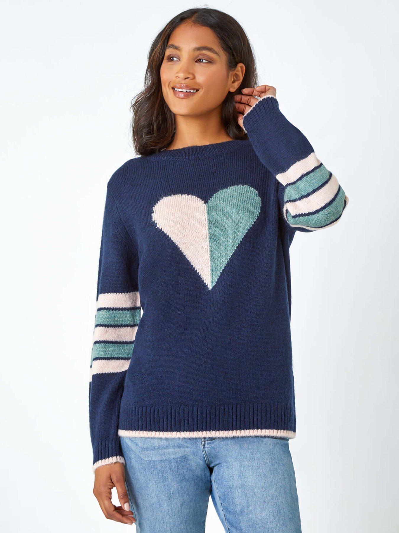 Roman Heart Print Stripe Sleeve Jumper - Midnight Blue