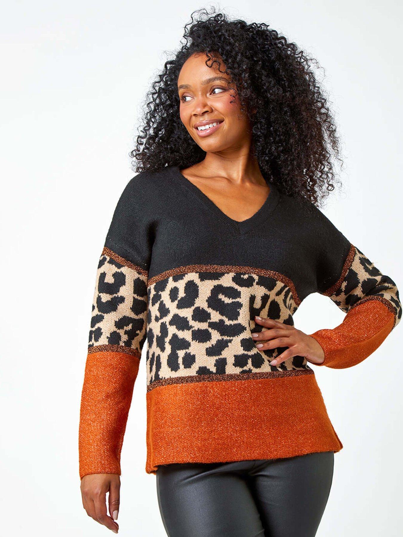 Roman Petite Animal Colourblock Stretch Jumper, Orange, Size 14P, Women